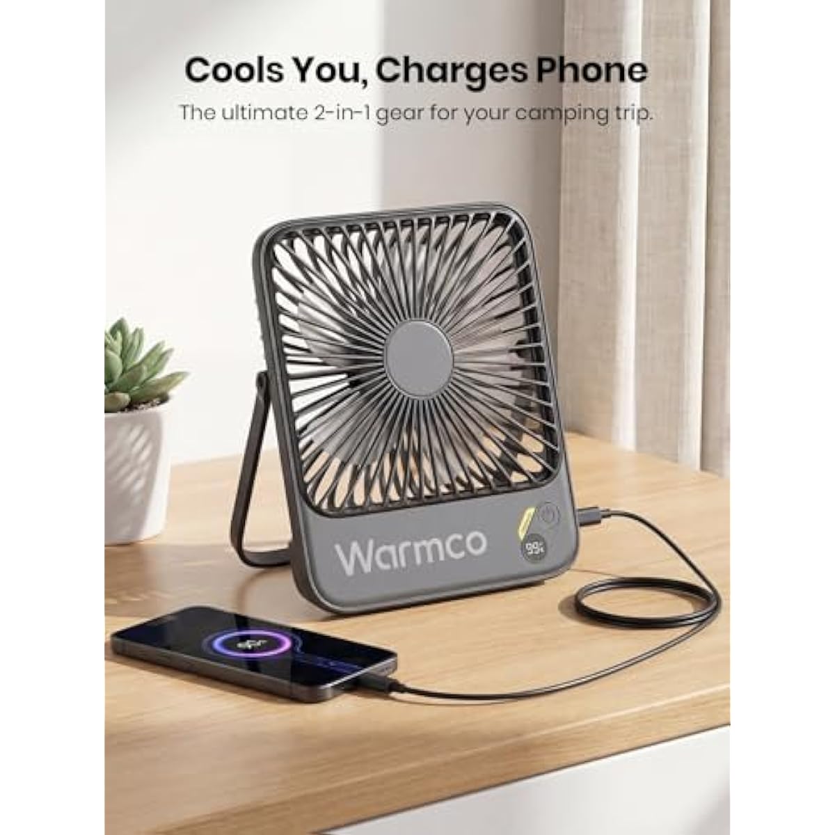 Warmco 10000mAh Portable Travel Fan 7-inch, Max 24H Runtime, Ultra-thin Quiet Rechargeable Battery Operated Desk Fan with Digital Display for Camping, Office, Bedroom, Cruise Essentials