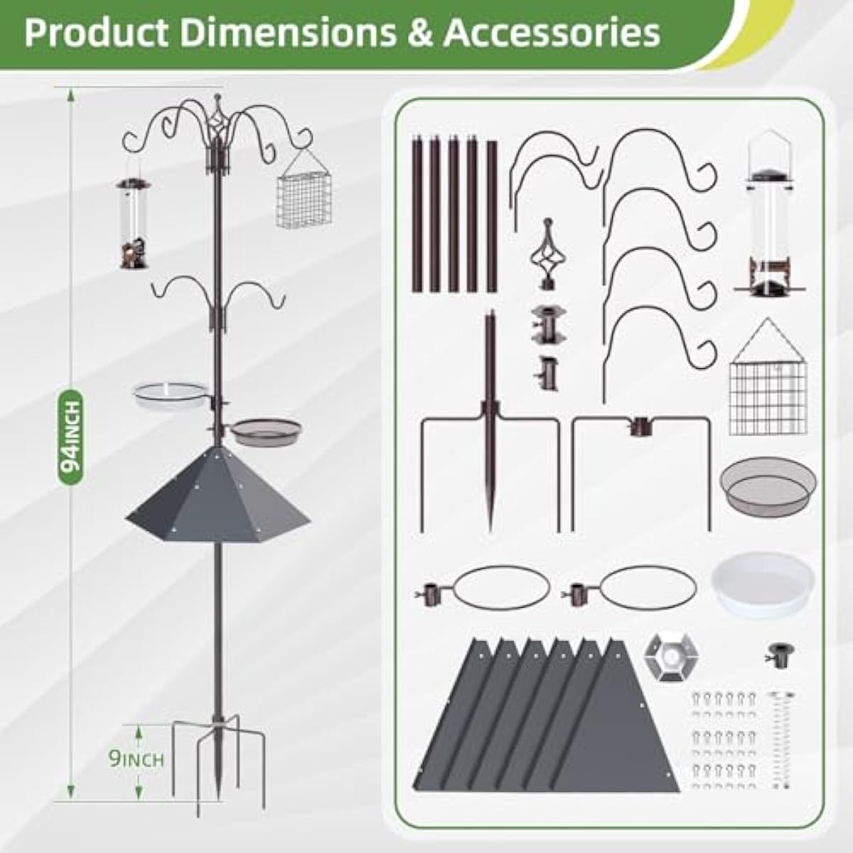 94" Bird Feeding Station Kit with Metal Squirrel Baffle, Heavy Duty Metal Bird Feeding Station with Seed Tray＆Mesh Basket, Easy Assembly Ground Mounted Bird Feeder Pole for Garden Yard Outdoor