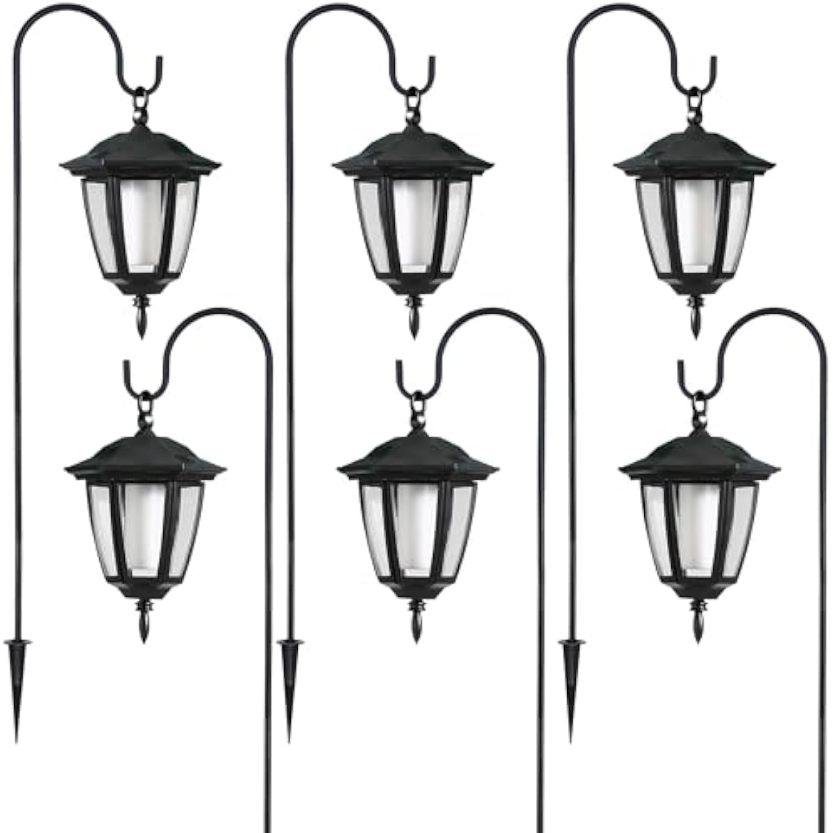Dynaming 6 Pack Solar Flame Hanging Lights Outdoor, Halloween Solar Flickering Flame LED Garden Lanterns with 6 x 38 Inch Shepherd Hooks, Christmas Lighting for Lawn Patio Yard Pathway Driveway