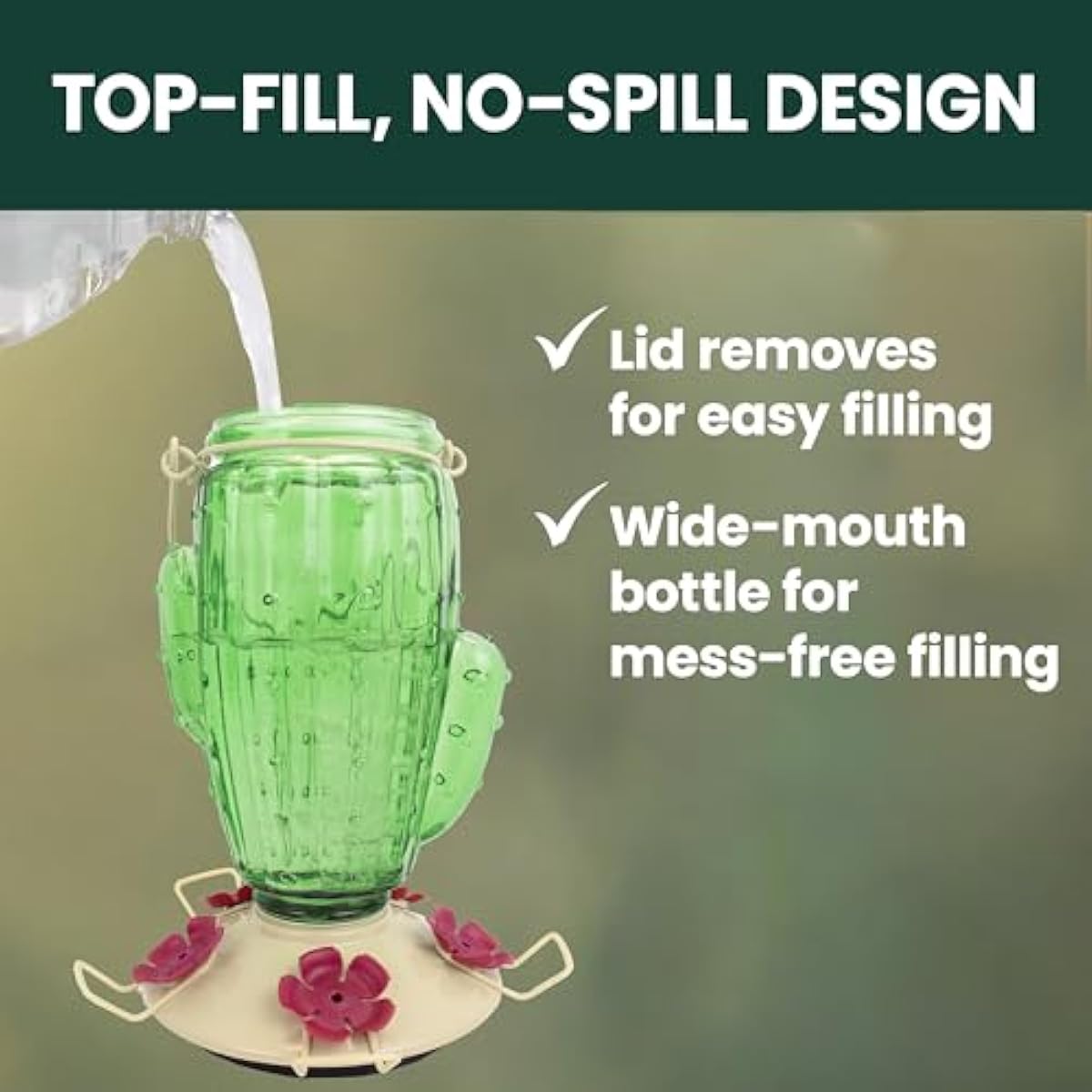 Perky-Pet Cactus Top Fill Glass Hummingbird Feeder with Built-in Bee Guards & Removable Perches - 32 oz Nectar Capacity - Hummingbird Feeder for Outdoors - 9111-1SR