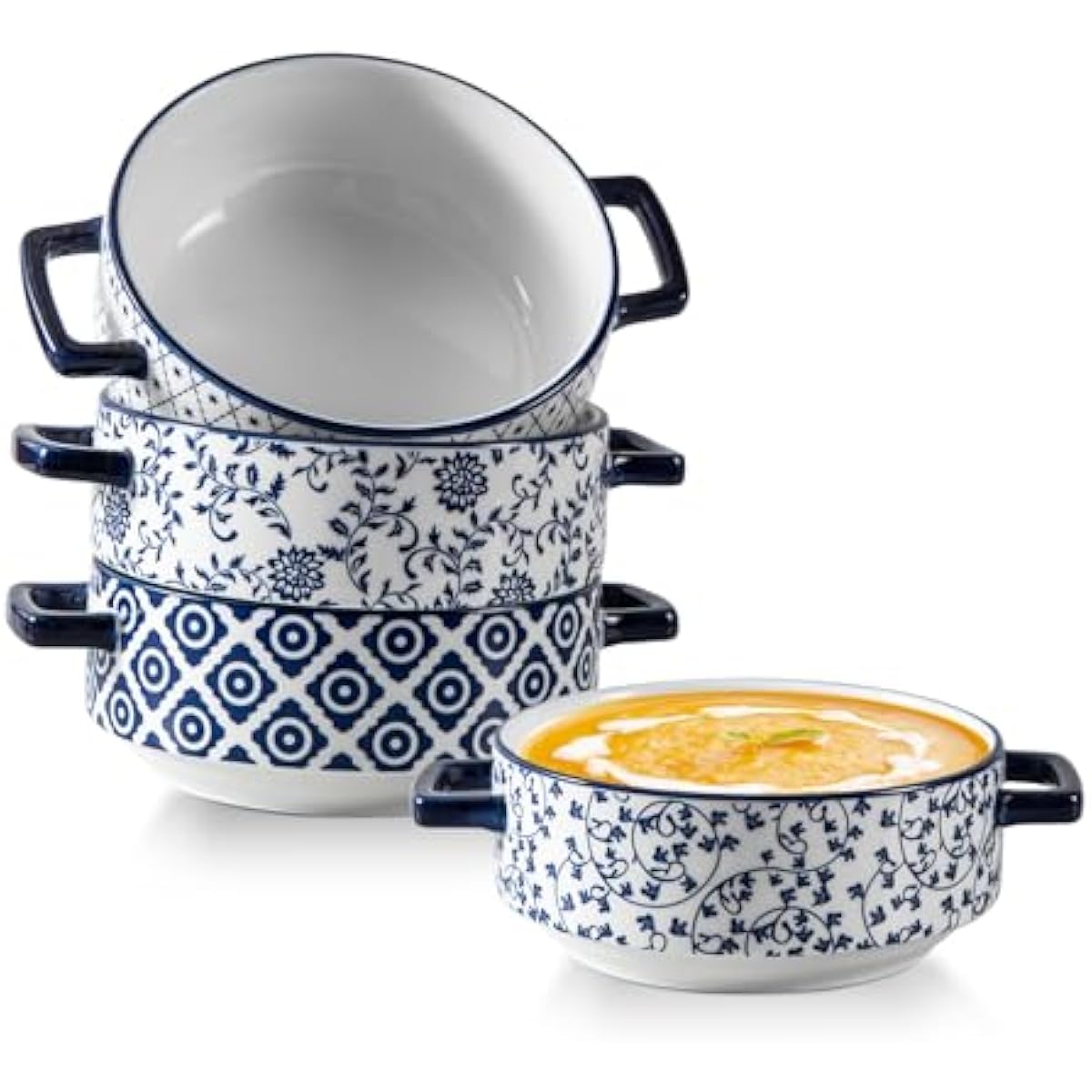 Soup Bowls with Handles - 24oz Ceramic French Onion Soup Crocks Serving Bowls for Pasta Cereal Beef Stew Pot Pies Casserole - Oven Microwave Dishwasher Safe - Set of 4, Blue