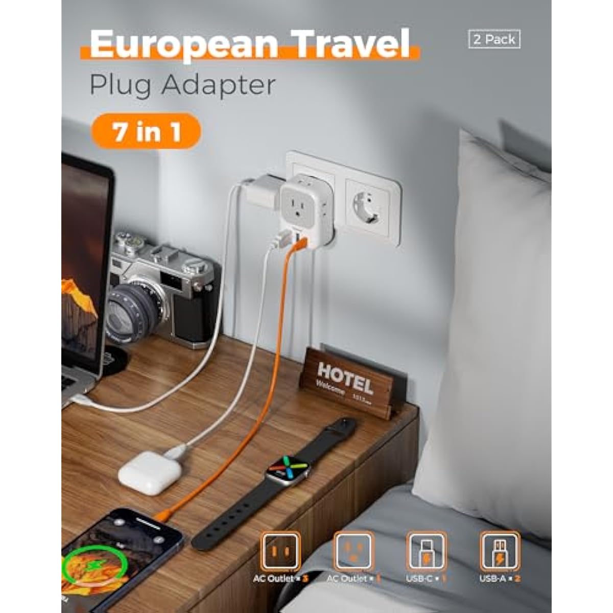2 Pack European Plug Adapter USB C, TESSAN US to Europe Adapter 4 Outlets 3 USB Charger, Type C International Power Adaptor to Italy Spain France Portugal Iceland Germany, Europe Travel Essentials