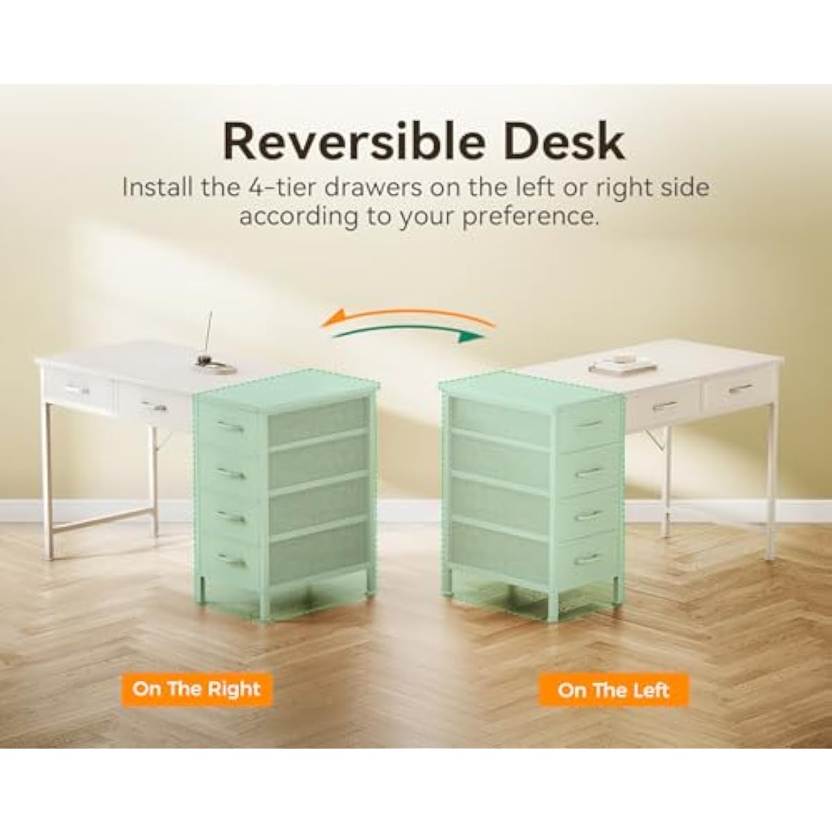 ODK Computer Desk with 6 Drawers, 40 Inch Small Desk with Storage, Reversible Desk with Headphone Hook for Home Office, Work Study Table for Bedroom, White