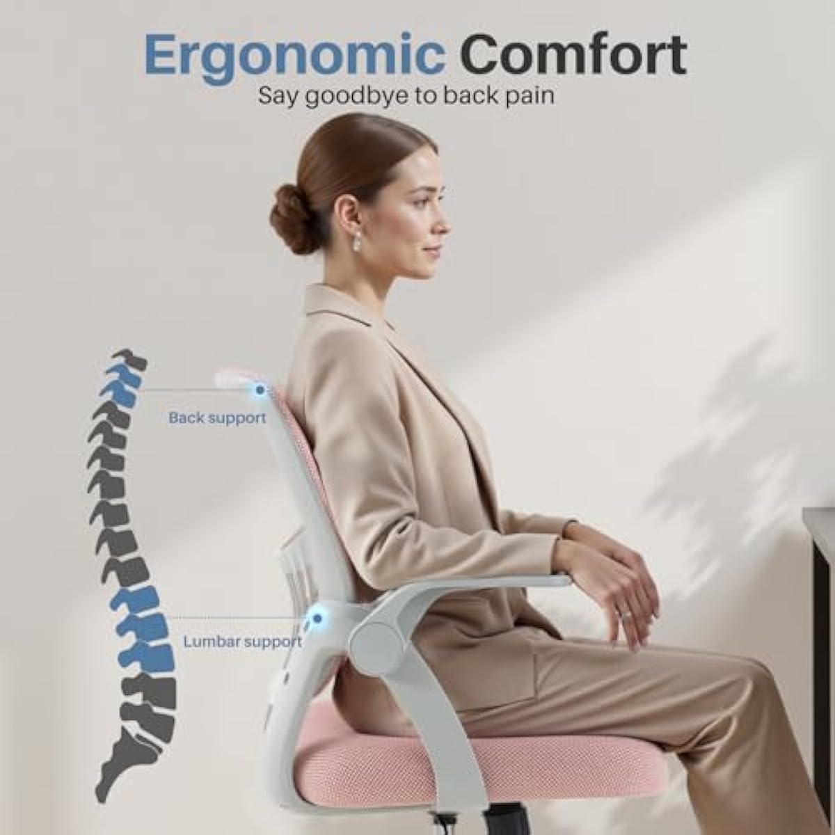 DUMOS Home Office Computer Chair - Ergonomic Mid Back Desk with Lumbar Support and Rocking Mode, Height Adjustable with Flip-up Armrest, for Conference Meeting Room, 360° Swivel, Adults, Pink