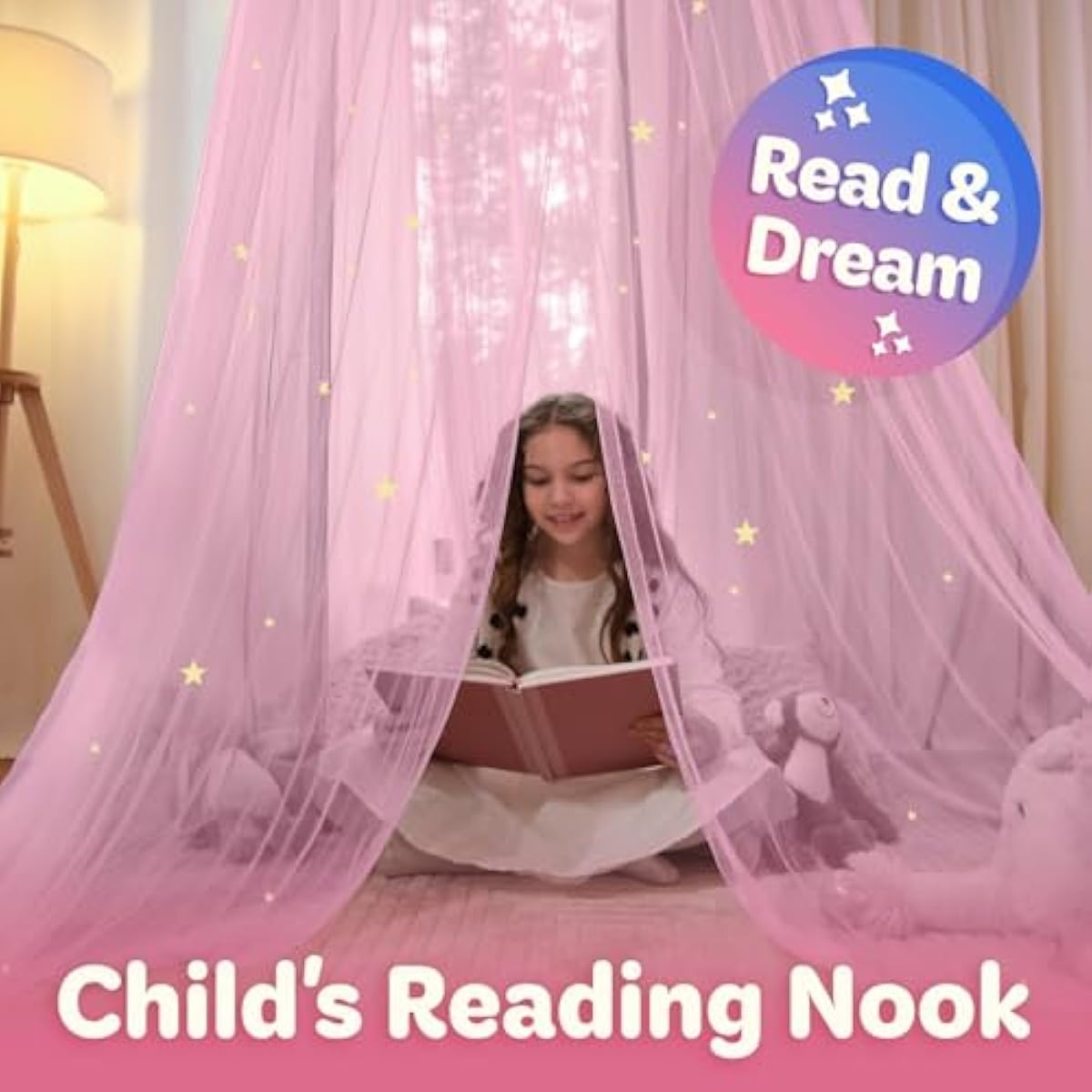 Pink Bed Canopy for Girls with Glowing Stars - Premium Canopy Bed Curtains | Fits Single, Twin, Full, Queen Size Kids Bed, Princess Netting Room Decor, Ceiling Tent to Cover Toddler, Canopy for Bed