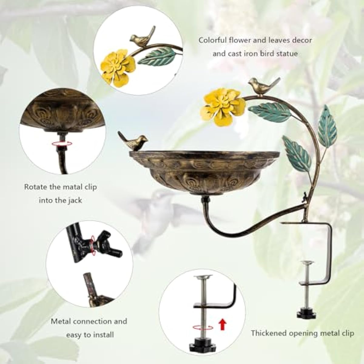 Metal Bird Bath for Outdoors, Deck Mounted Birdbaths with 10 Inch Bowl, Detachable Bird Feeder with Adjustable Clamp for Balcony Railing Garden Yard Decor