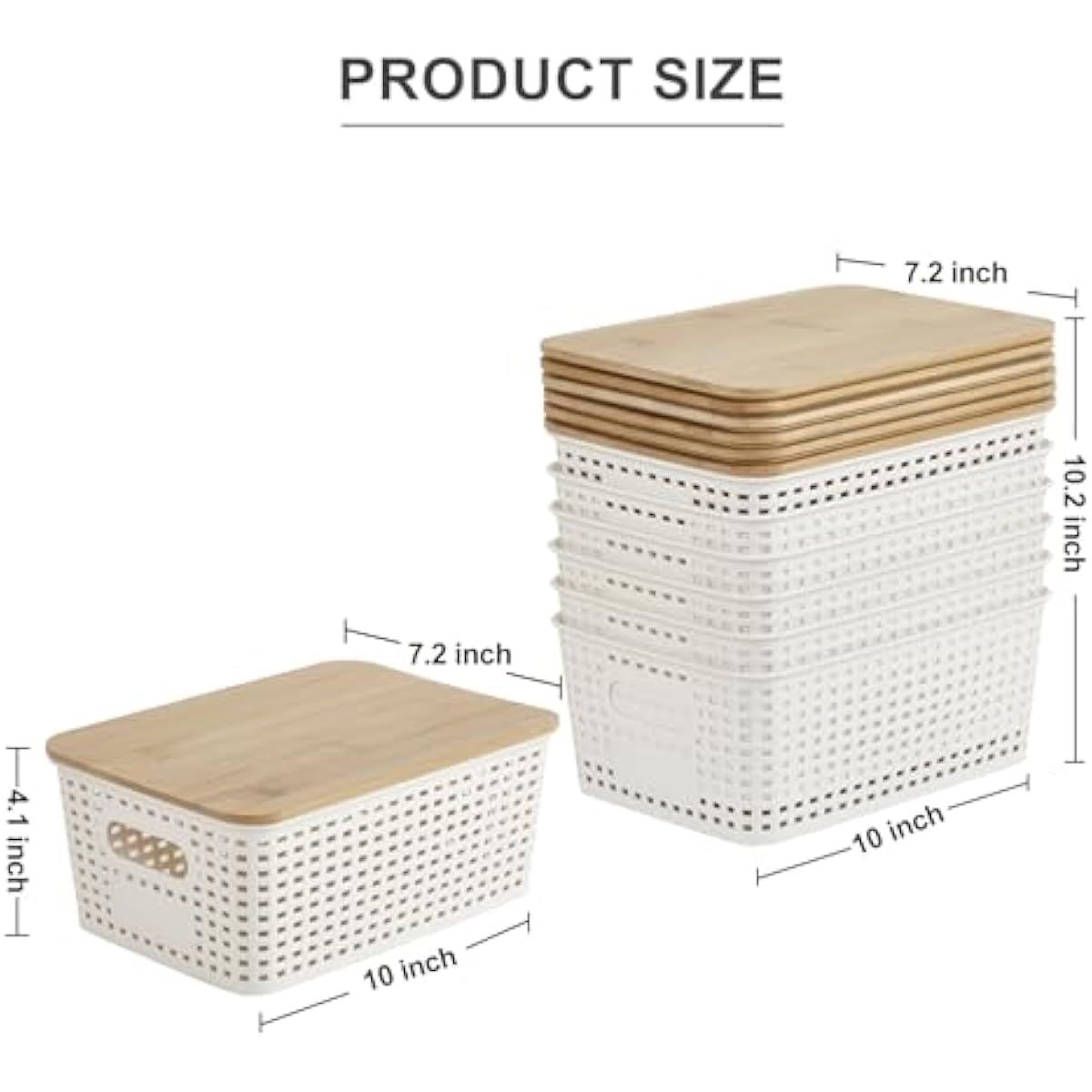 Small Plastic Storage Bins with Bamboo Lids 5.2qt Stackable Box Basket Pantry Decorative Containers Cute with Lable for Organizing Desktop Closet Office Cream White of 6 packs 10*7.2*4.1'’