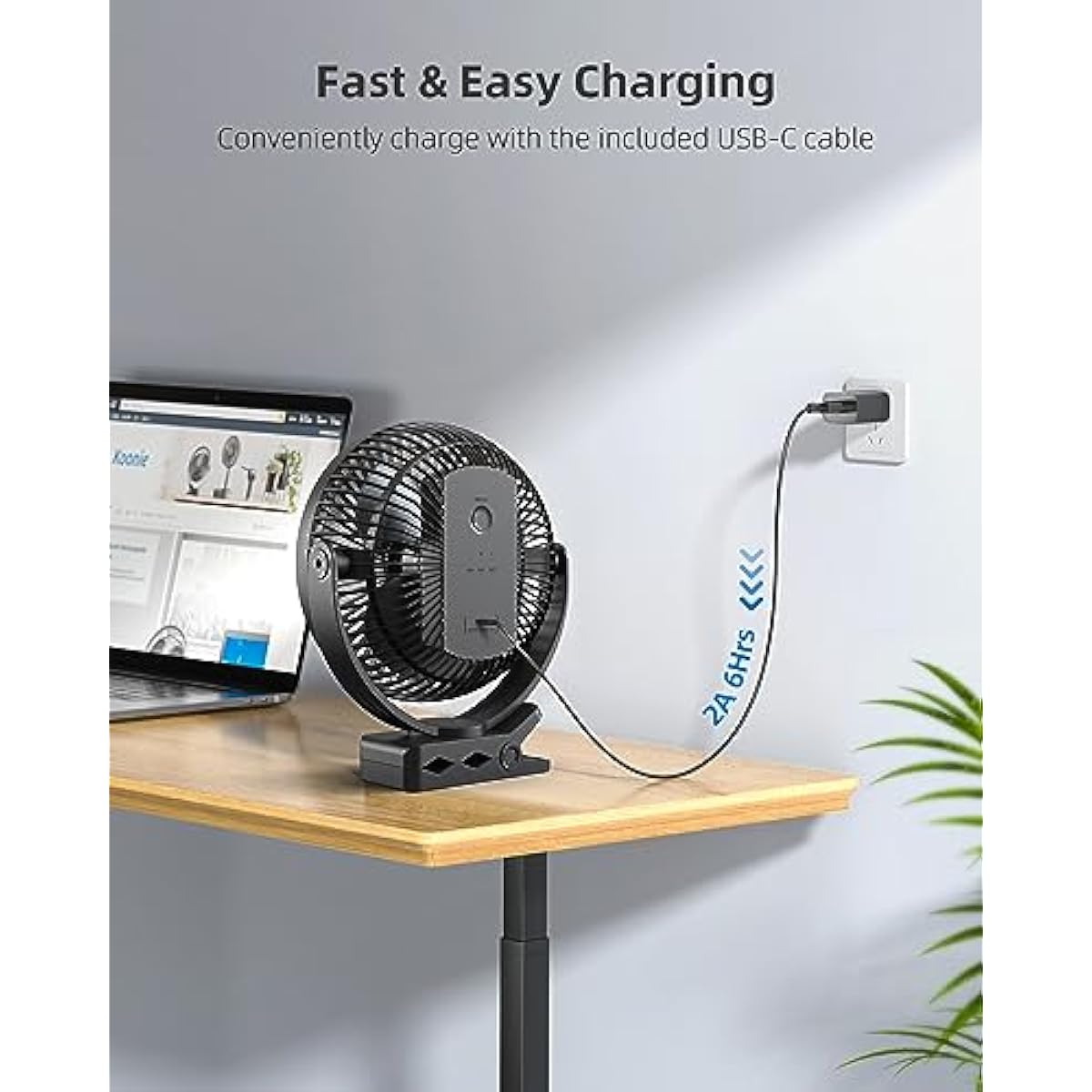 Koonie 10000mAh Clip on Fan Rechargeable, 8-Inch Battery Operated Desk Fan, USB Fan with 4 Speeds, Strong Airflow Sturdy Clamp for Golf Cart Office Desk Outdoor Travel Camping Tent Gym Treadmill,Black