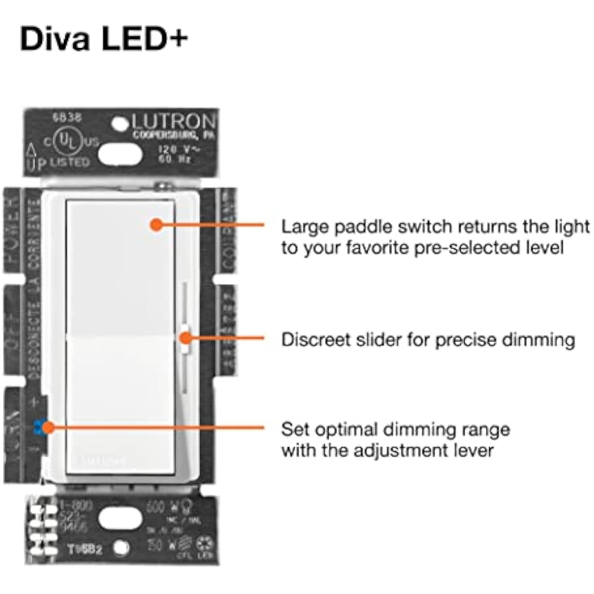 Lutron Diva LED+ Dimmer Light Switch for Dimmable LED, Halogen, and Incandescent Bulbs, 150 Watt, Single-Pole or 3-Way, DVCL-153P-WH, White