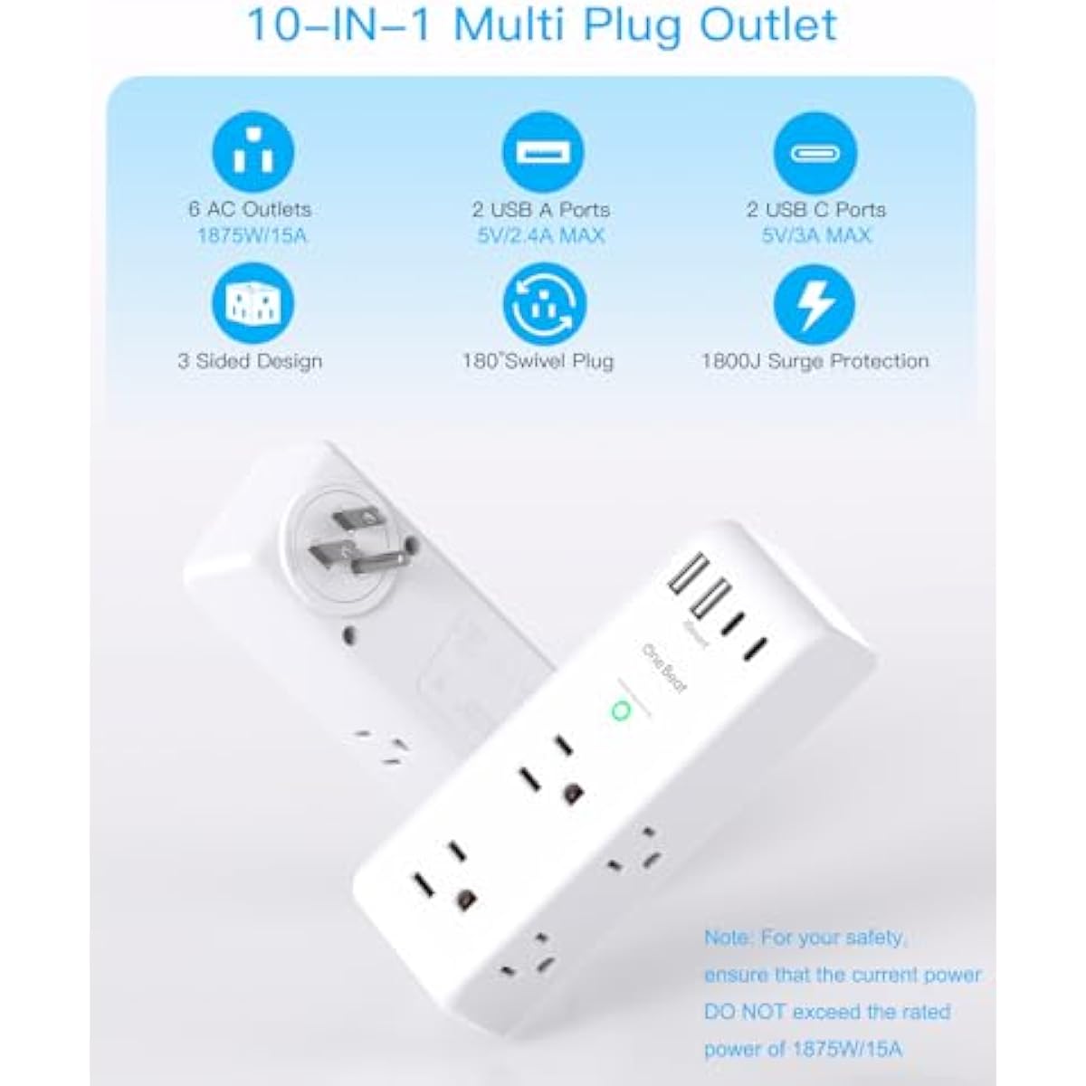 Surge Protector Outlet Extender - with Rotating Plug, 6 AC Multi Plug Outlet with 4 USB Ports (2 USB C), 1800J Wall Charger, 3-Sided Power Strip with Spaced Outlet Splitter for Home, Office, Travel