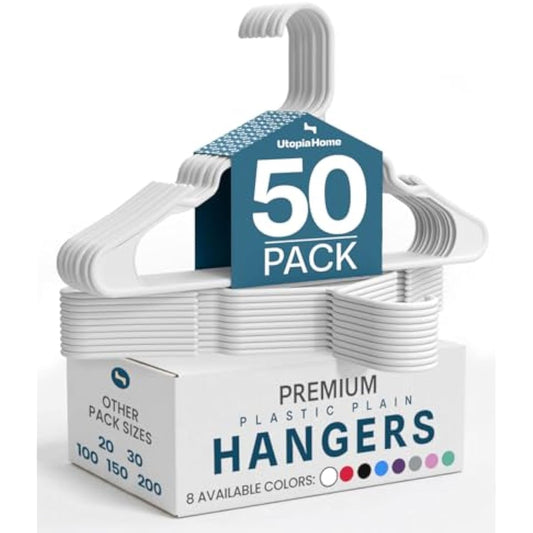 Utopia Home - Plastic Hangers 50 Pack - Space Saving Clothes Hanger - Durable and Strong Closet Organizers and Storage Makes It Ideal Stocking Stuffers or Apartment or Dorm Room Essentials (White)