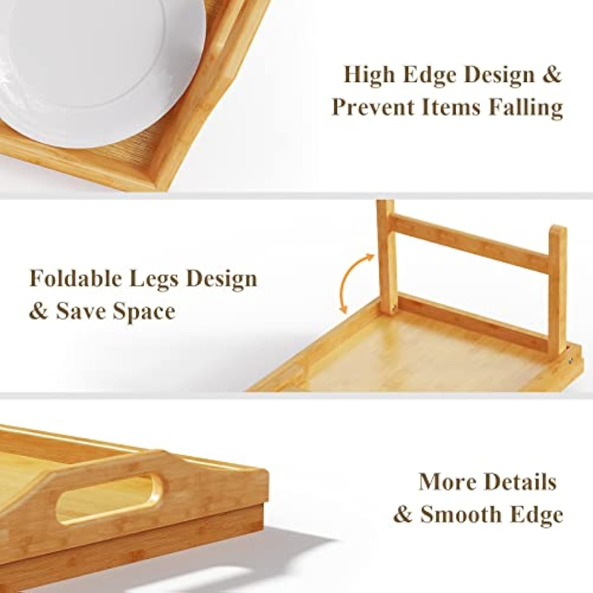 2 Pack Breakfast in Bed Tray for Eating, 16.92 x 12.6 Inch Bed Table Tray with Folding Legs & Handles, Bamboo Food Lap Trays Fits for Adult Kids Eating/TV/Surgery Recovery by Easoger. Set of 2