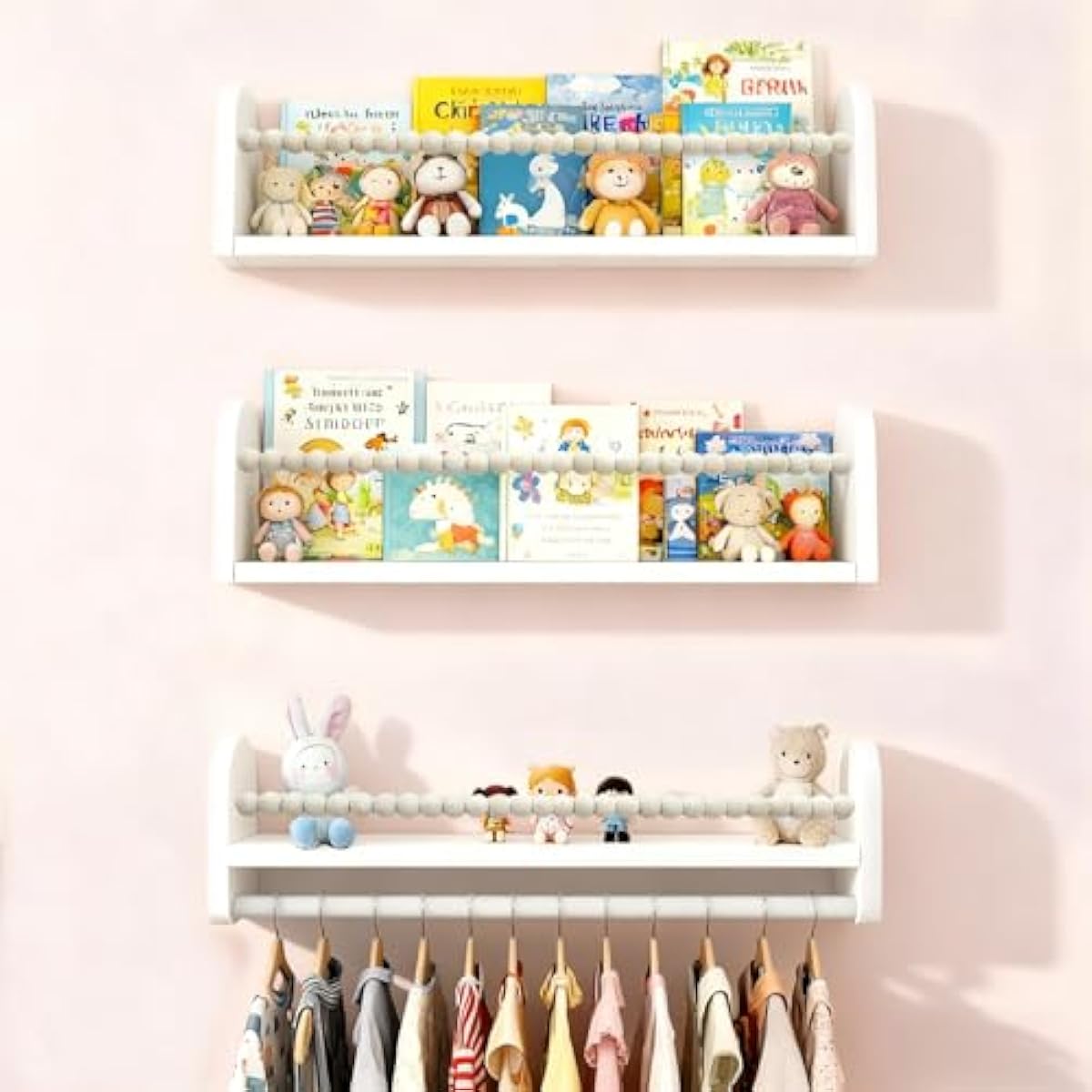 OurWarm Nursery Book Shelves for Wall Set of 3, White Natural Wood Nursery Floating Shelves with Towel Bar, Wall Mounted Floating Bookshelves for Baby Room Kids Room Living Room Storage and Decor