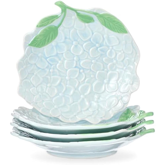 Jinei 8 Inch Hydrangea Ceramic Plates Set of 4, Blue Floral Dinner Plates for Salad Dessert Appetizer, Decorative Dishes for Home Kitchen Spring Summer Baby Shower Birthday Party Tableware Gifts