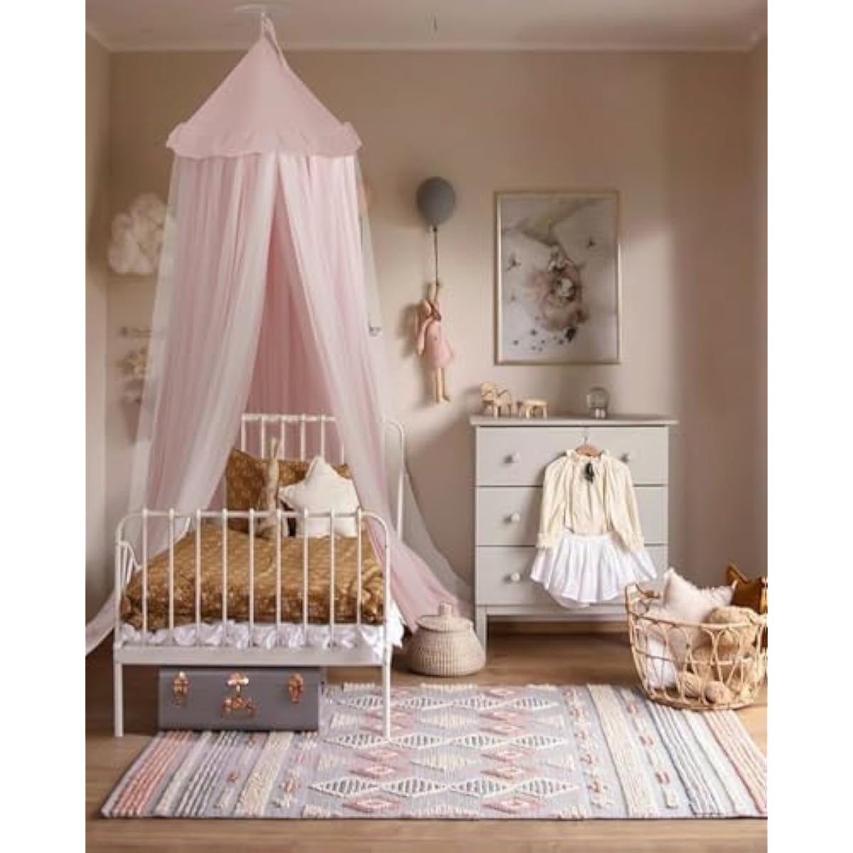 little dove Bed Canopy with Star Lights, Double Layer Canopy for Bed, Princess Play Tent for Girls Room, Breathable Bed Curtain for Children Reading Nook, Machine Washable, 25.6''x106'', Pink