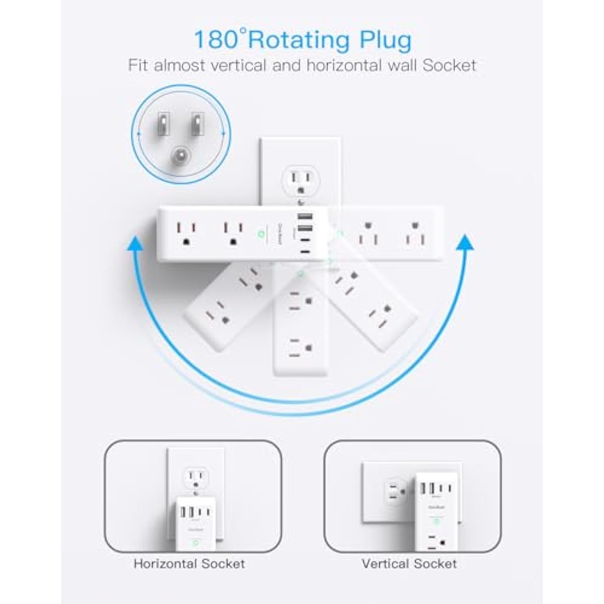 Surge Protector Outlet Extender - with Rotating Plug, 6 AC Multi Plug Outlet with 4 USB Ports (2 USB C), 1800J Wall Charger, 3-Sided Power Strip with Spaced Outlet Splitter for Home, Office, Travel