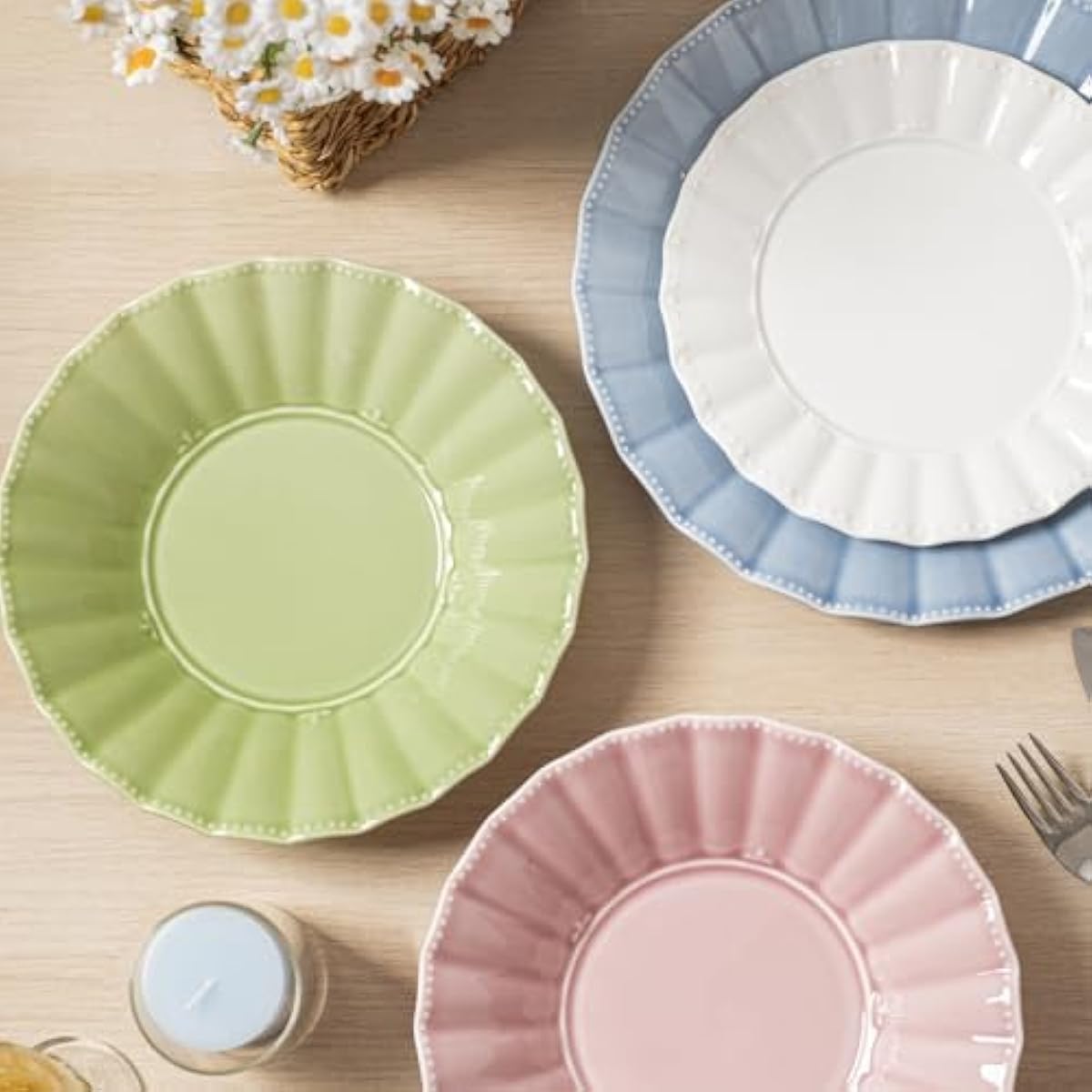 HOMBENE Dessert Plates 8 Inches Set for 6 Ceramic Serving Plates, Plates for Cake Waffles,Wavy Style, Snacks, Pasta, Noodle,Dinner, Microwave & Dishwasher Safe (Mint Glow Green)