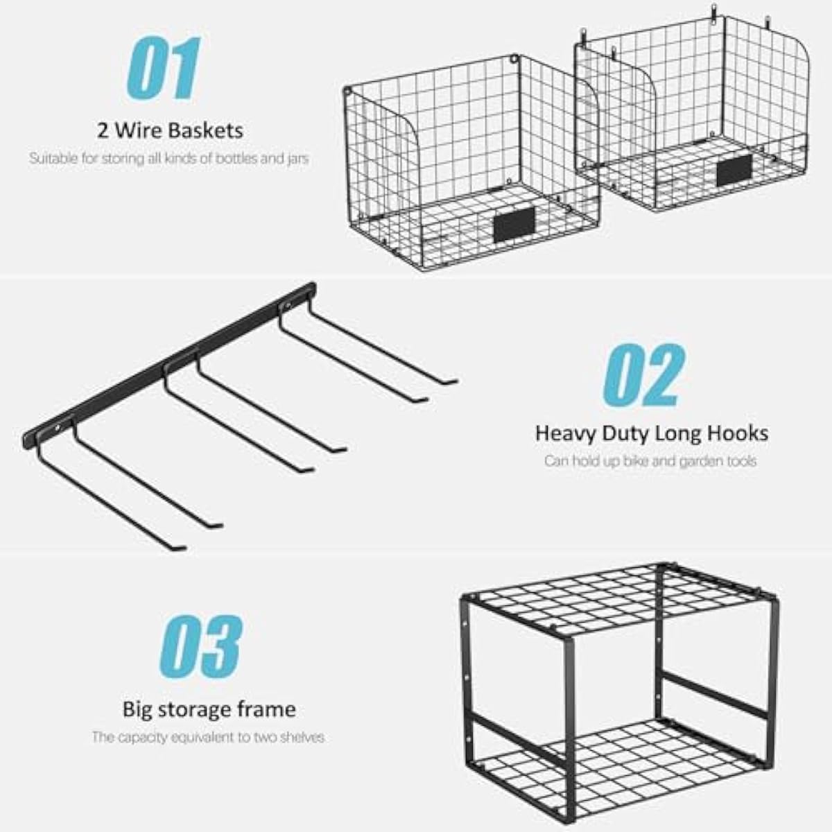 Garage Shelf Wall Mounted with Wire baskets, Heavy Duty Garage Wall Shelving with Garden Tool Rack and Hooks, Wire Shelf Baskets Tool Organizer for Home Garden Yard Organization and Storage