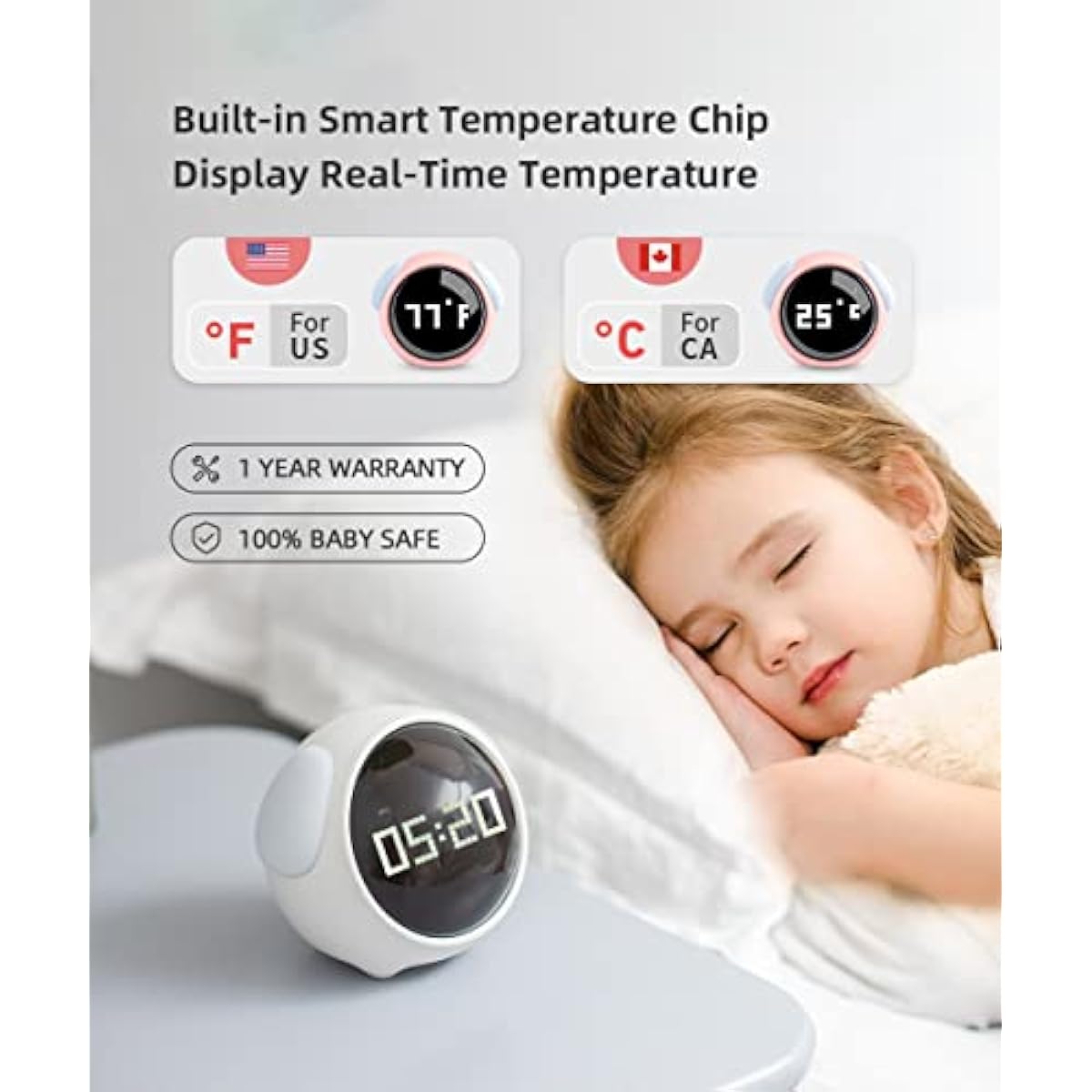 Kids Alarm Clock, Dual Alarm Setting, Adjustable Brightness Night Light, Voice-Activated,Temperature Detection, Wake-up Alarm Clock, Toy and Gift for Toddler, Children, Students, Boys&Girls