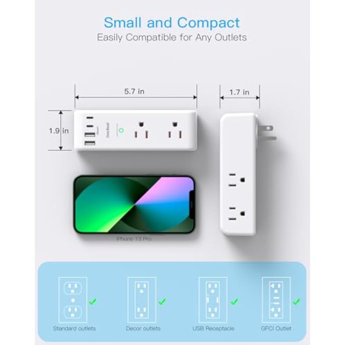 Surge Protector Outlet Extender - with Rotating Plug, 6 AC Multi Plug Outlet with 4 USB Ports (2 USB C), 1800J Wall Charger, 3-Sided Power Strip with Spaced Outlet Splitter for Home, Office, Travel