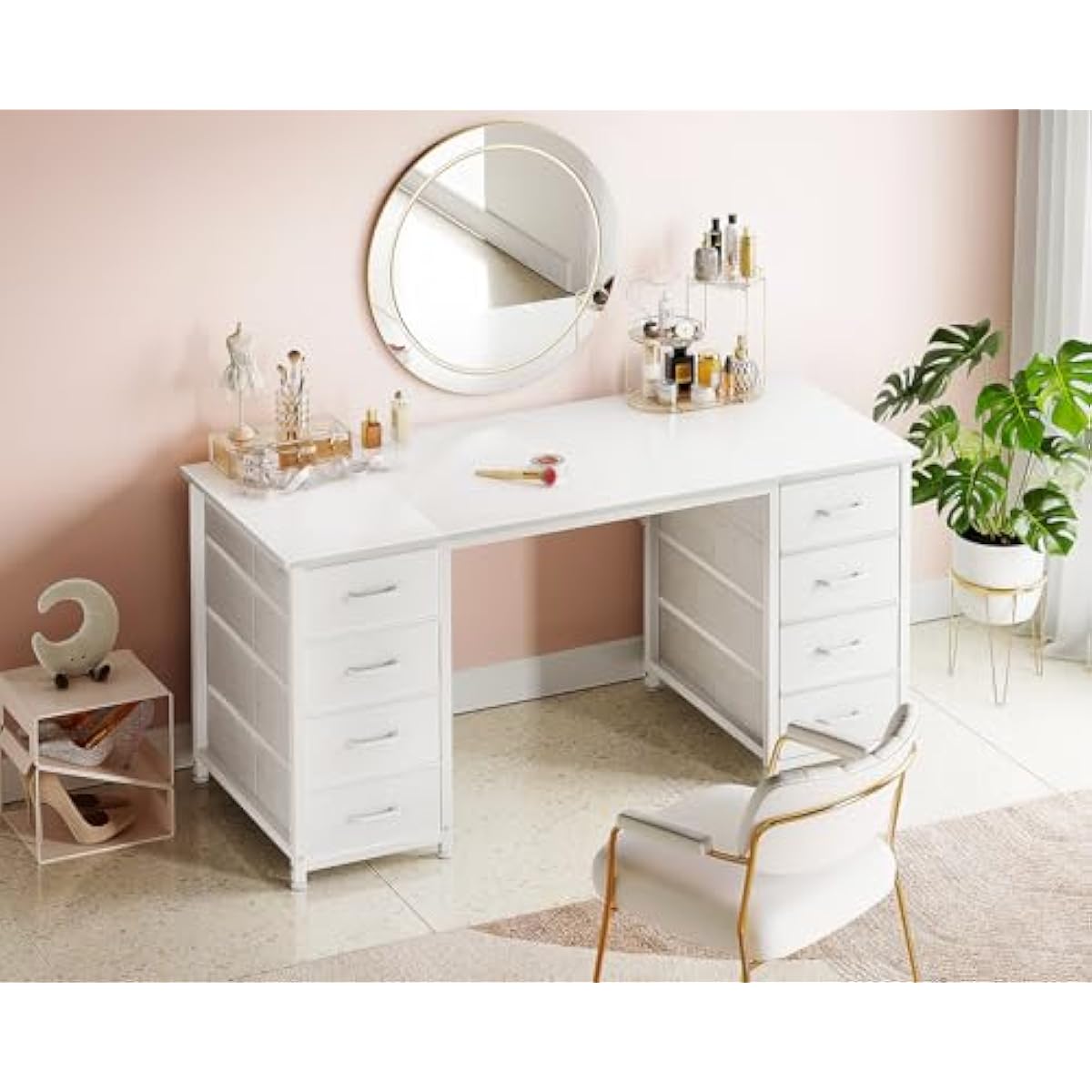 ODK 48 Inch White Computer Desk with 8 Fabric Drawers, Modern Office Desk with Large Storage for Home Office, Study, Gaming, White