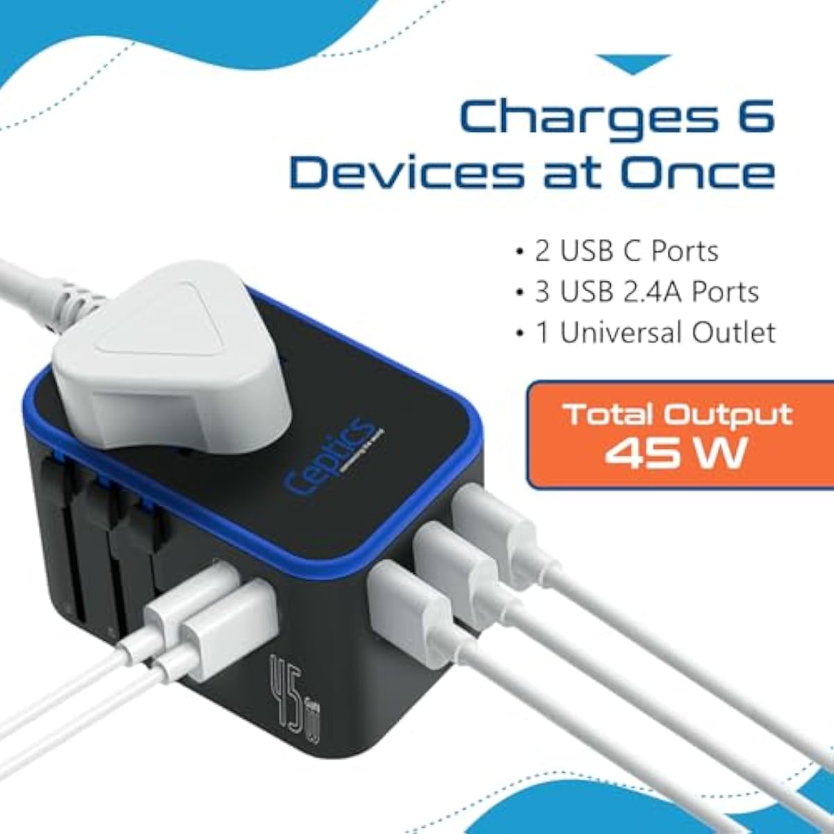 Ceptics Universal Travel Adapter, 45W International Power Adapter with PD & QC 3.0 Dual USB-C, 3 USB Travel Adapter Worldwide, Type I C G A Outlets 110V 220V A/C - EU Euro US UK (11-KU)