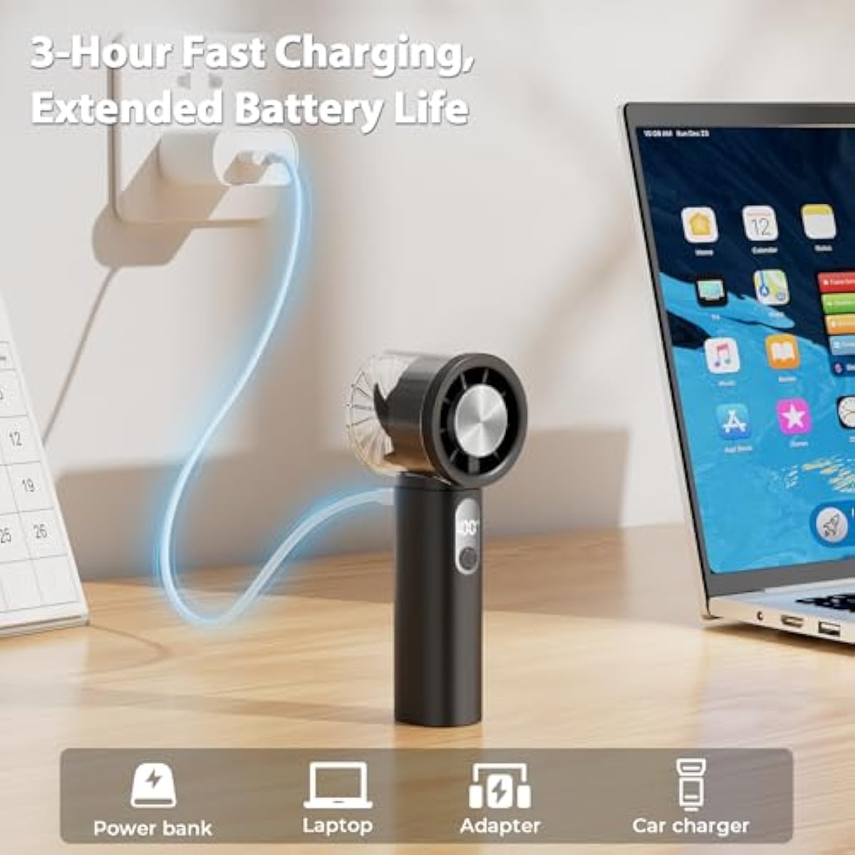 Portable Handheld Turbo Fan with Ice Cooling- 5 Gear High Speed , Mini Hand Fan with Strong Airflow, Up to 12Hrs Cooling, Rechargeable Battery, Powerful Personal Fan for Outdoor, Travel,Working, Black