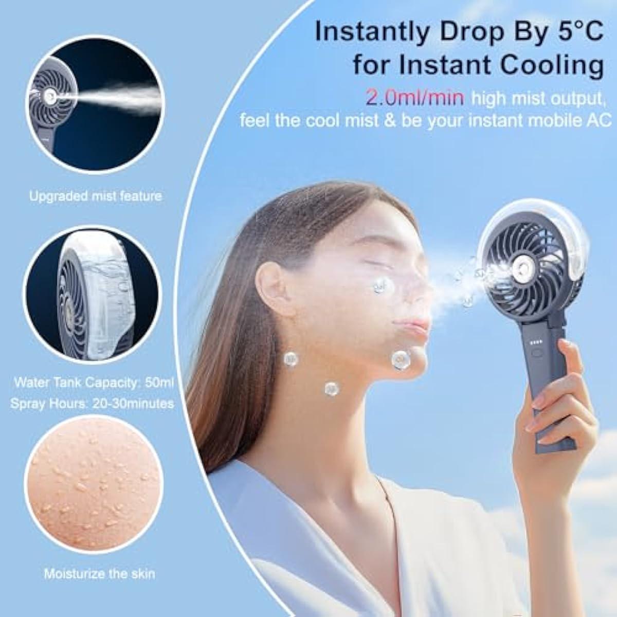 HandFan 4000mAh Upgraded Handheld Misting Fan, 50ml Water Tank, Rechargeable Personal Mister Fan Portable AC, Spray Water Mist Fans, Foldable Cooling Ice Fans for Beach Travel Disney(Royal Blue)