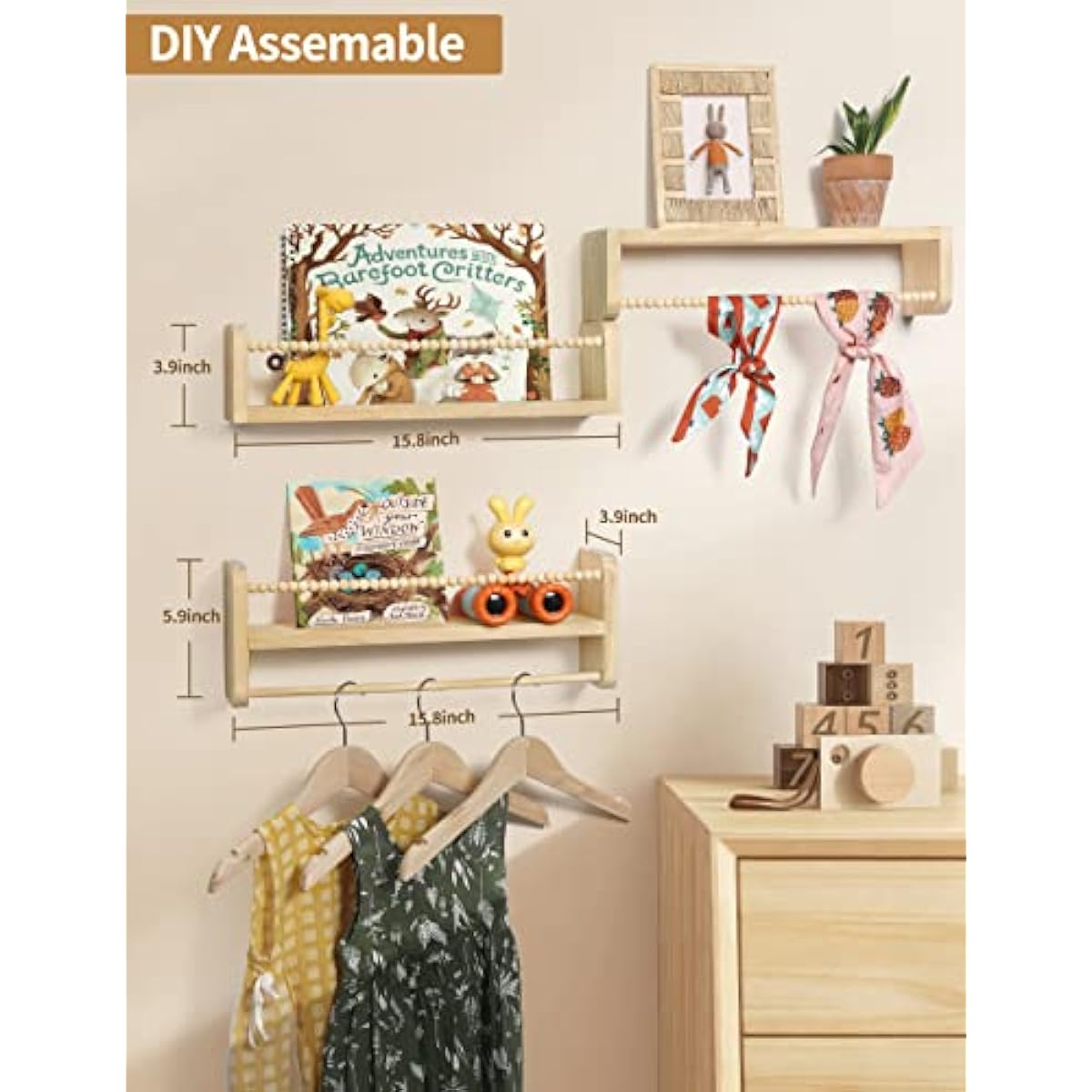 Nursery Floating Shelves for Wall, Set of 3 Book Shelves Natural Wood Wall Mounted Organizer with Towel Bar Hanging Bookshelves Nursery Decor for Kids Room, Bedroom and Kitchen