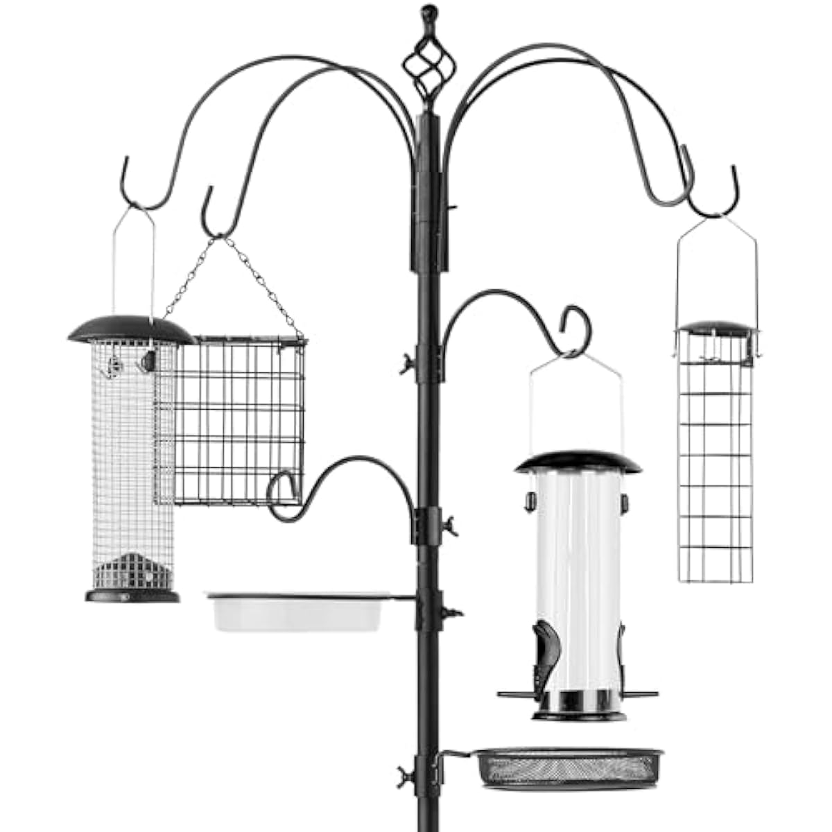 Best Choice Products 6-Hook Bird Feeding Station, Steel Multi-Feeder Kit Stand for Attracting Wild Birds w/ 4 Bird Feeders, Mesh Tray, Bird Bath, 5-Prong Base - Black