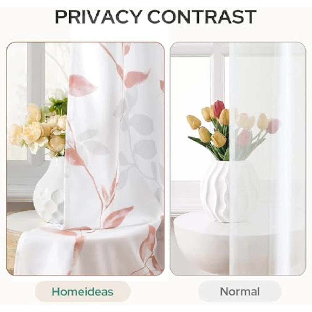 HOMEIDEAS Non-See-Through Pink and White Privacy Sheer Curtains 52 X 63 Inch Length 2 Panels, Leaf Floral Printed Light Filtering Semi Sheer Window Curtains Drapes for Bedroom Living Room