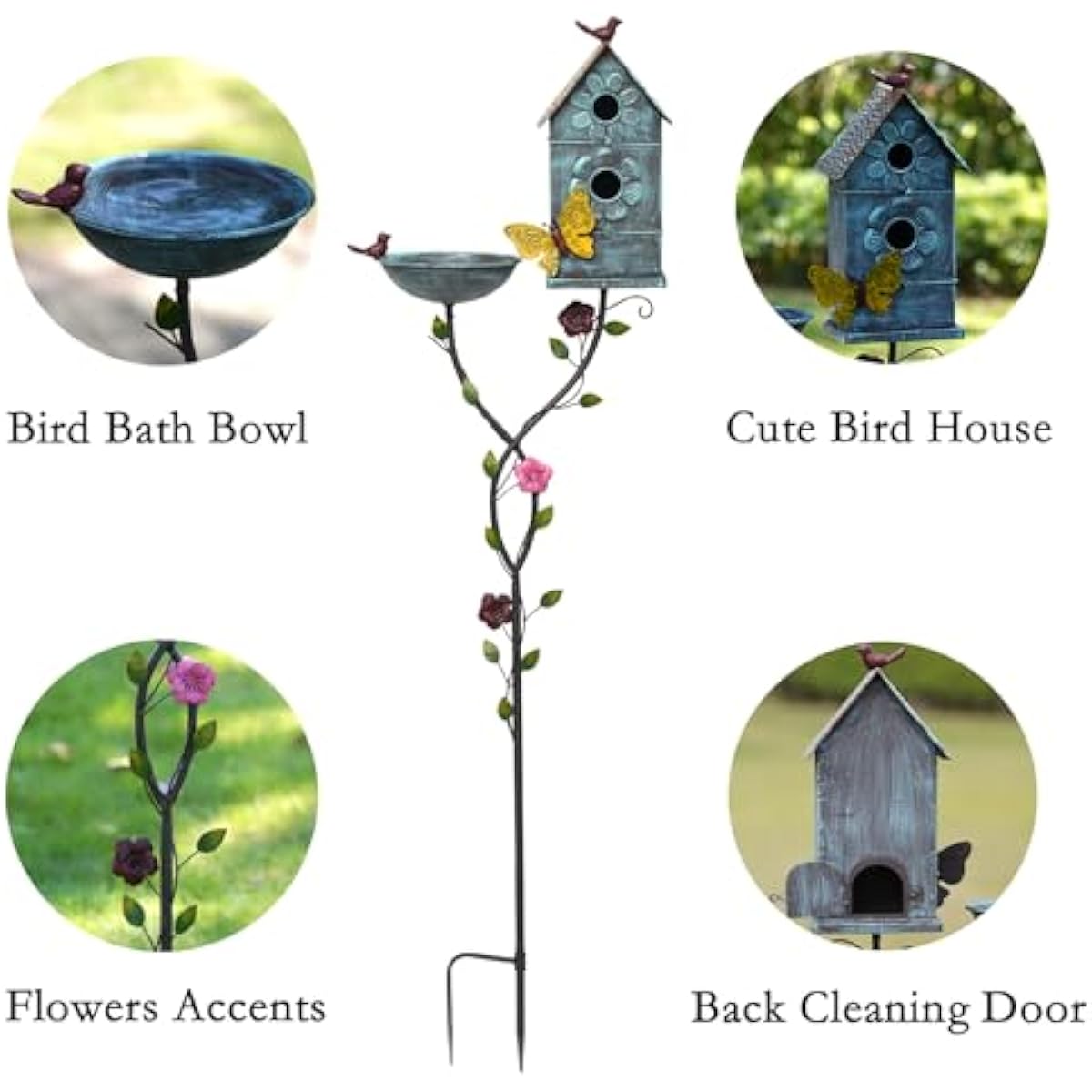 57" H Metal Bird Bath Bowl and Bird House 2-in-1 Design for Outdoors, Garden Yard Decor