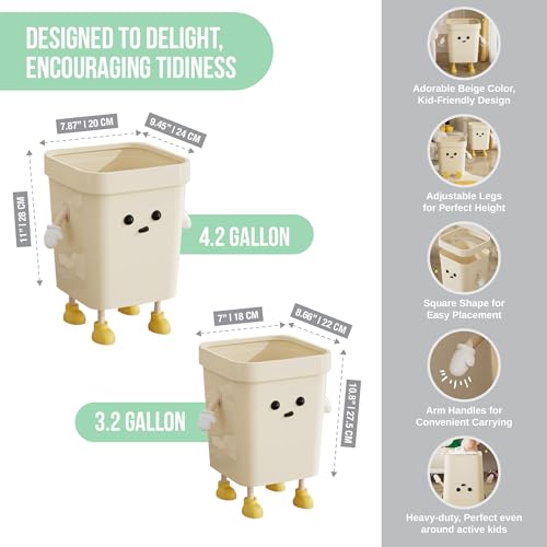 4.2-Gallon Cute Kids Trash Can - Durable Waste Basket Perfect for Kids Rooms, Classrooms, Pediatric Clinics - Beige Square-Shaped Trash Bin w/Arms & Legs - Comes with Removable Trash Bag Holder