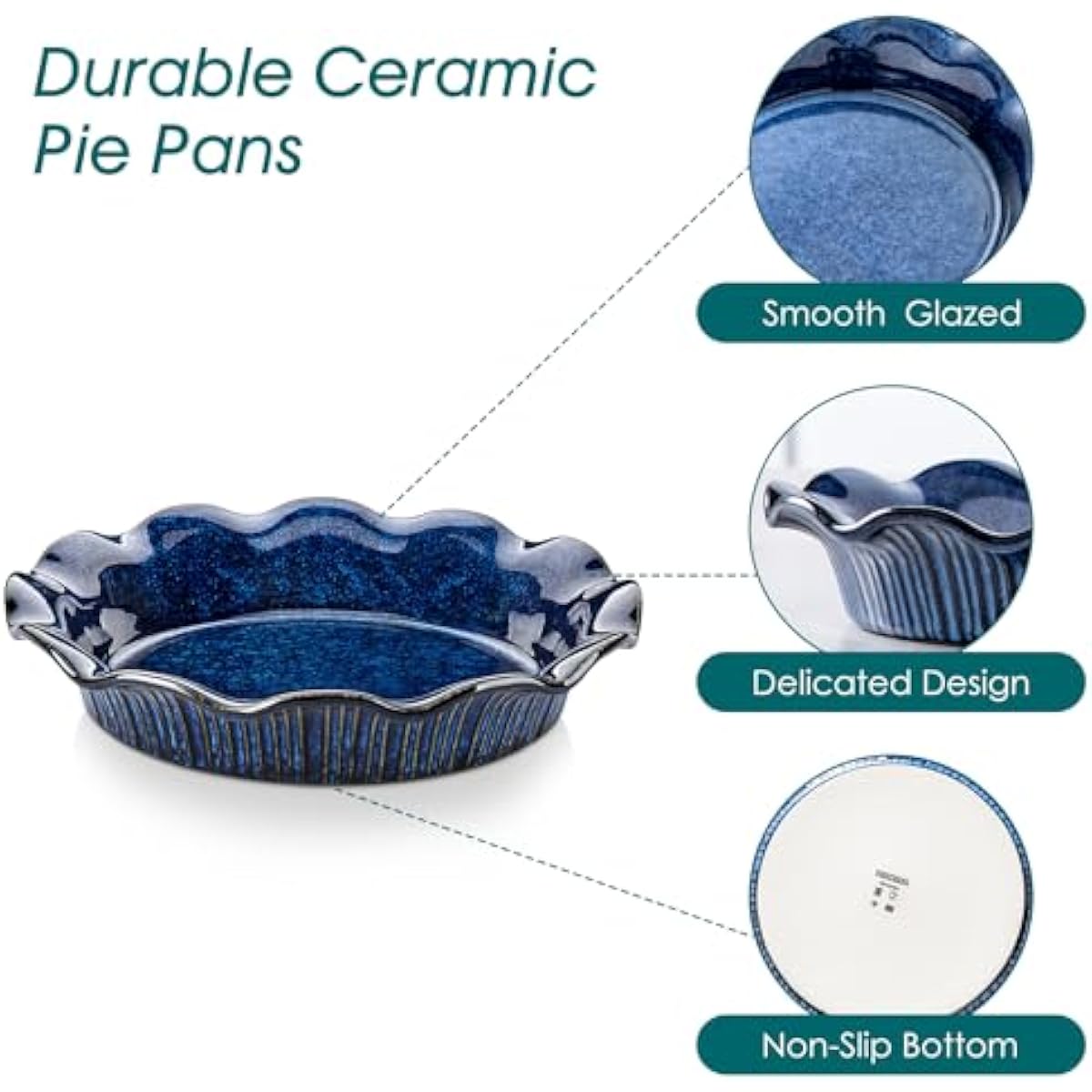 vancasso Ceramic Pie Pan for Baking, 9 inch Deep Pie Plates for Apple Pie, Pot Pie, Tart and Quiche, Reactive Glaze Fluted Pie Pans, Large Pie Dish with Ruffled Edge, Blue, STERN Series