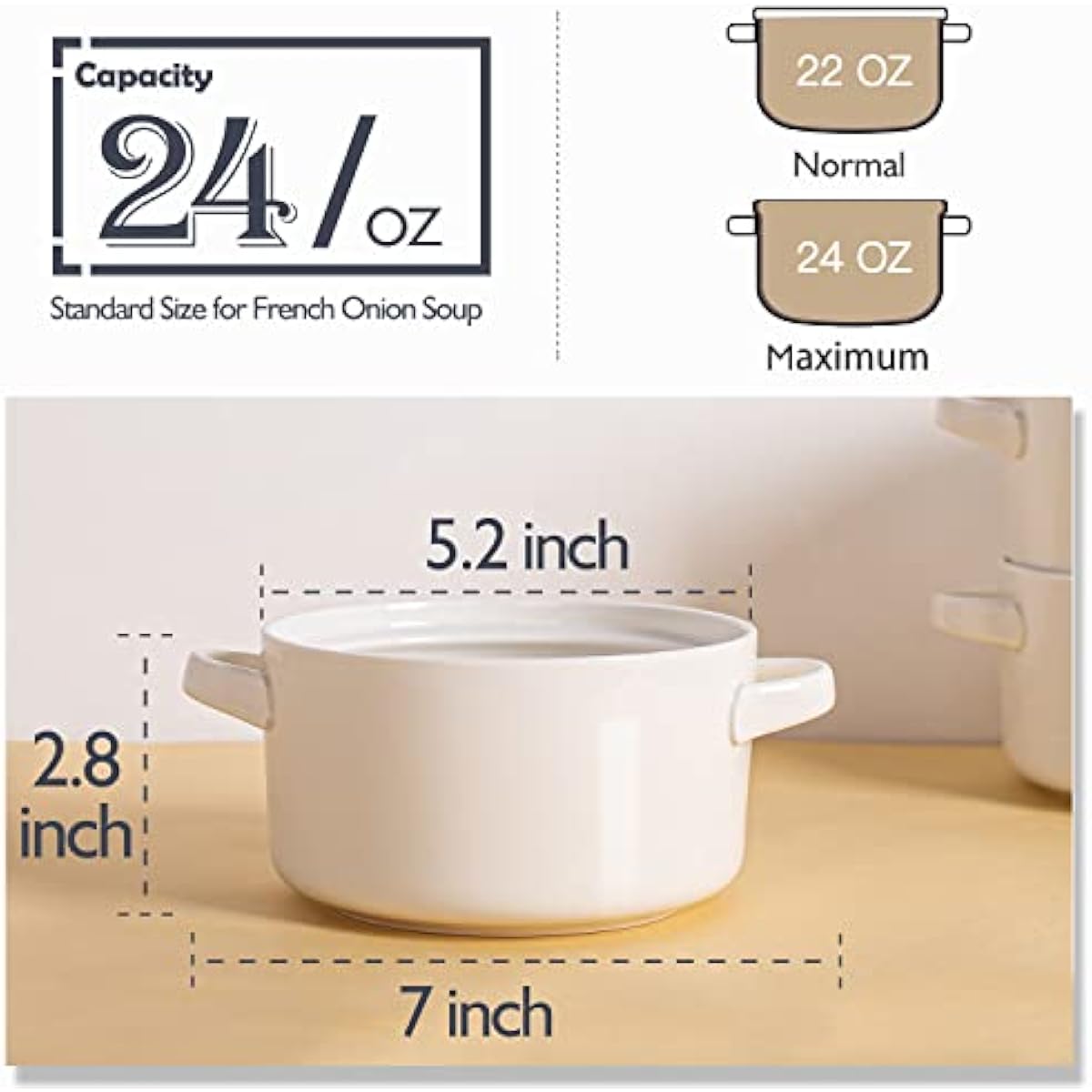 DELLING Soup Bowls with Handles Set of 6, 24 Oz Ceramic French Onion Soup Crocks Oven Safe - Large Soup Mugs for Chili Stew Cereal, Microwave Dishwasher Safe, White
