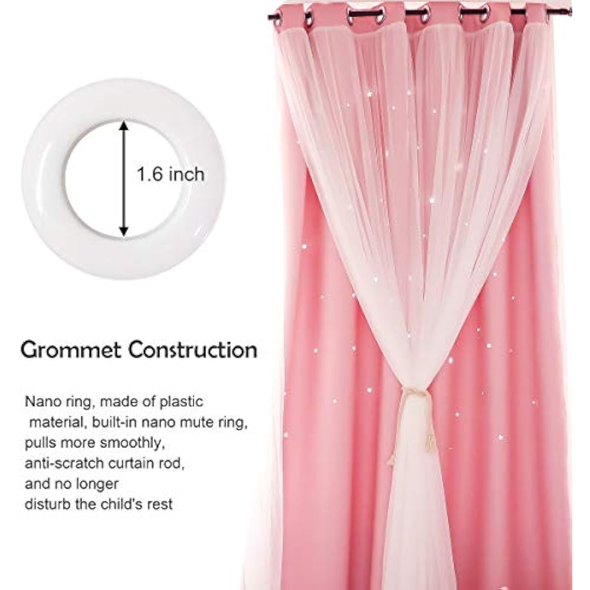 UNISTAR 2 Panels Stars Blackout Curtains for Bedroom Girls Kids Baby Window Decoration Double Layer Star Cut Out Aesthetic Living Room Decor Wall Home Curtain,W52 x L63 Inches,Pink