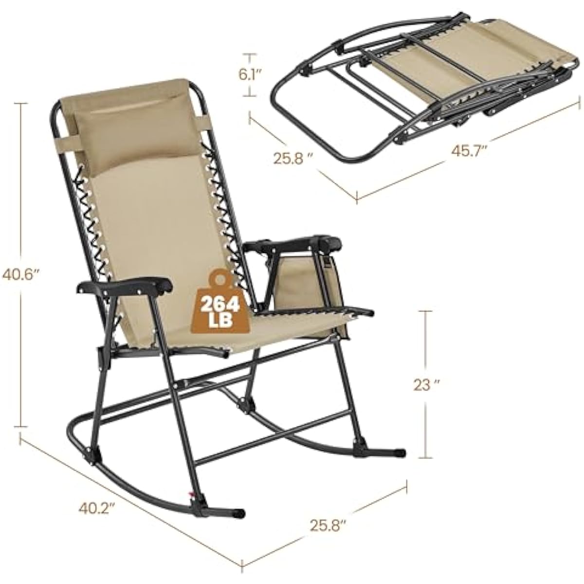 Yaheetech 26in Rocking Chair Outdoor Zero Gravity Folding Chairs Rocking Chairs Foldable Outdoor Reclining Lounge Chair for Outside Lawn with Cupholder/Pillow Ergonomic Design for Rest, Beige