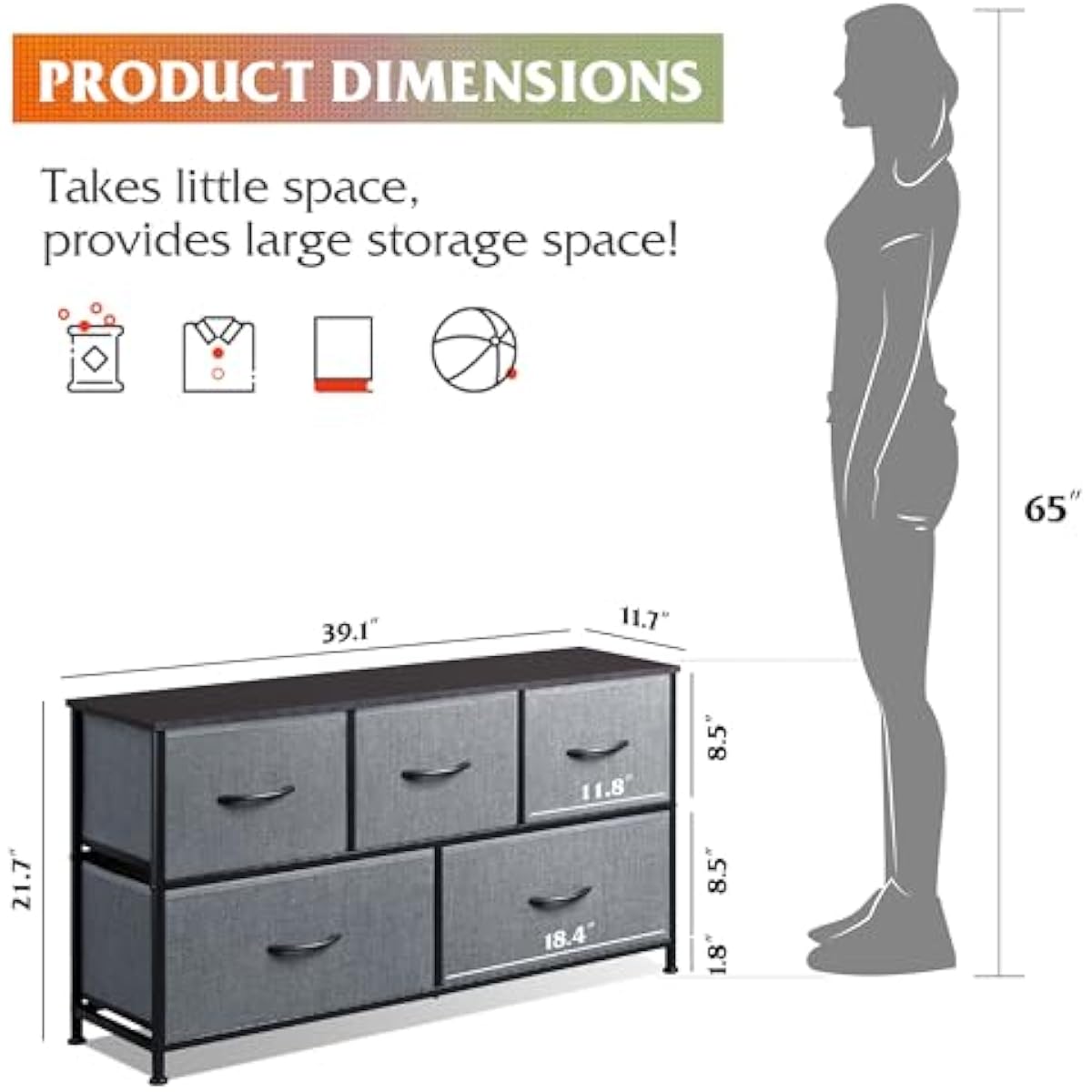 WLIVE Dresser for Bedroom with 5 Drawers, Wide Chest of Drawers, Fabric Dresser, Storage Organizer Unit with Fabric Bins for Closet, Living Room, Hallway, Dark Grey