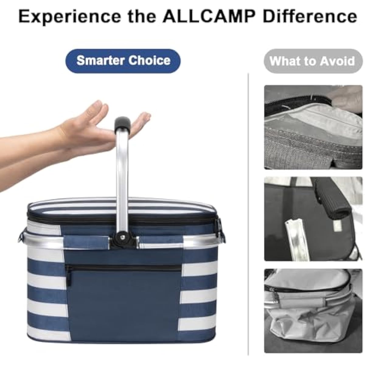 ALLCAMP Picnic Basket - Insulated Cooler, Thickening Foldable Picnic Basket with Removable Baskets & Sewn-in Frame, Basket for House Warming Gifts New Home(Blue White)