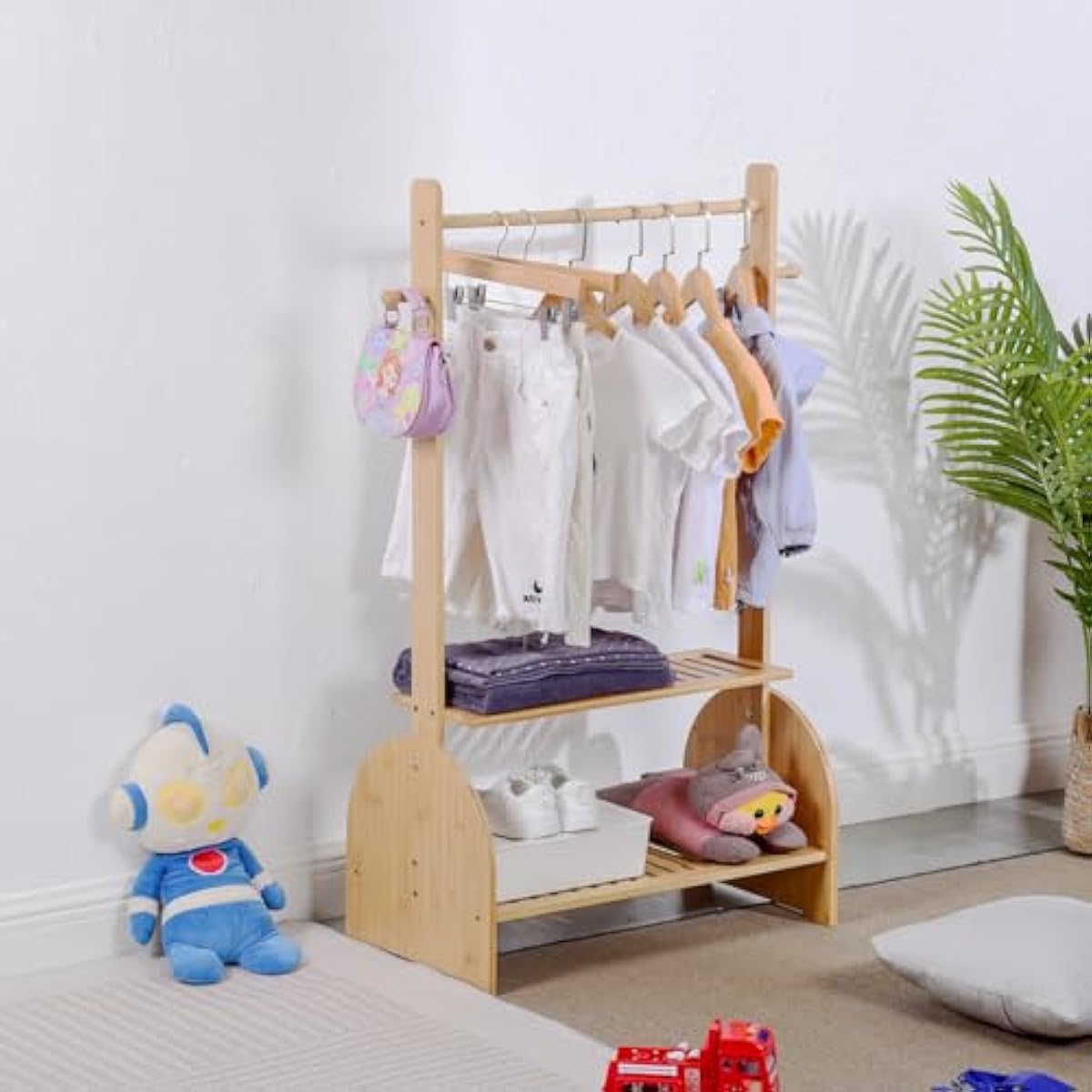 Kids Clothing Rack with Adjustable Rods, Children Clothes Garment Rack for Kids Baby Pet, Kids Dress Up Rack with 2 Bottom Shelves, Kids Wardrobe Closet for Toddlers Nursery (Natural)