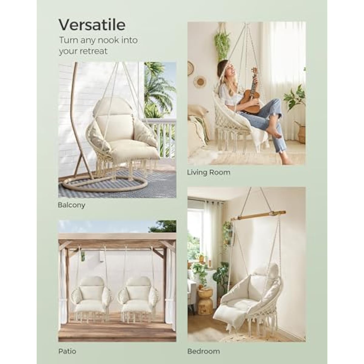 SONGMICS Hanging Chair, Hammock Chair with Large, Thick Cushion, Boho Swing Chair for Bedroom, Patio, Balcony, Garden, Holds up to 264 lb, Accessories Included, Cream White UGDC042M01