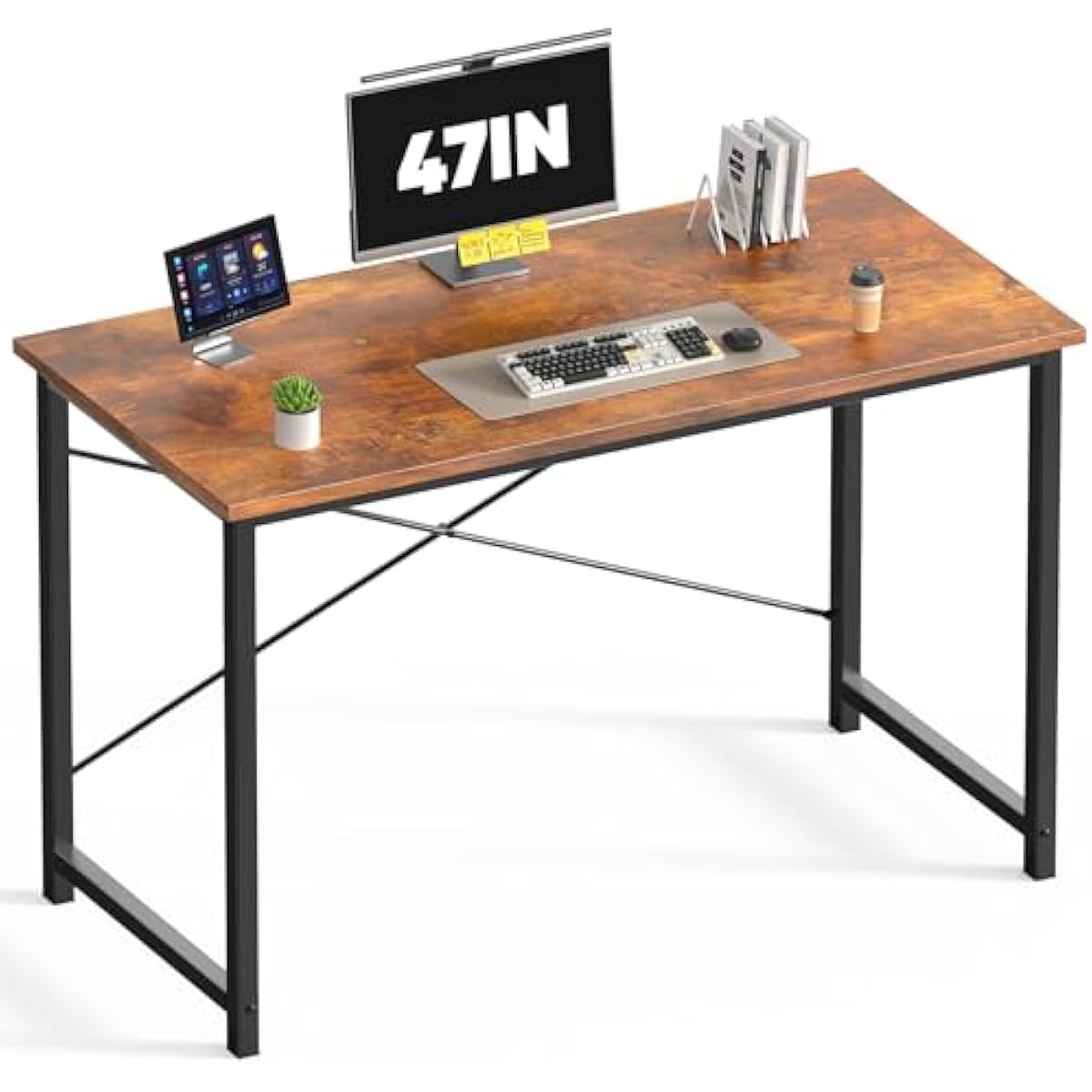 DUMOS 47 Inch Computer Desk for Home Office, Modern Writing Study Table Simple Modern Style for Bedroom Small Space, Large Work Desks with X-Shaped Reinforcement, Wood Brown