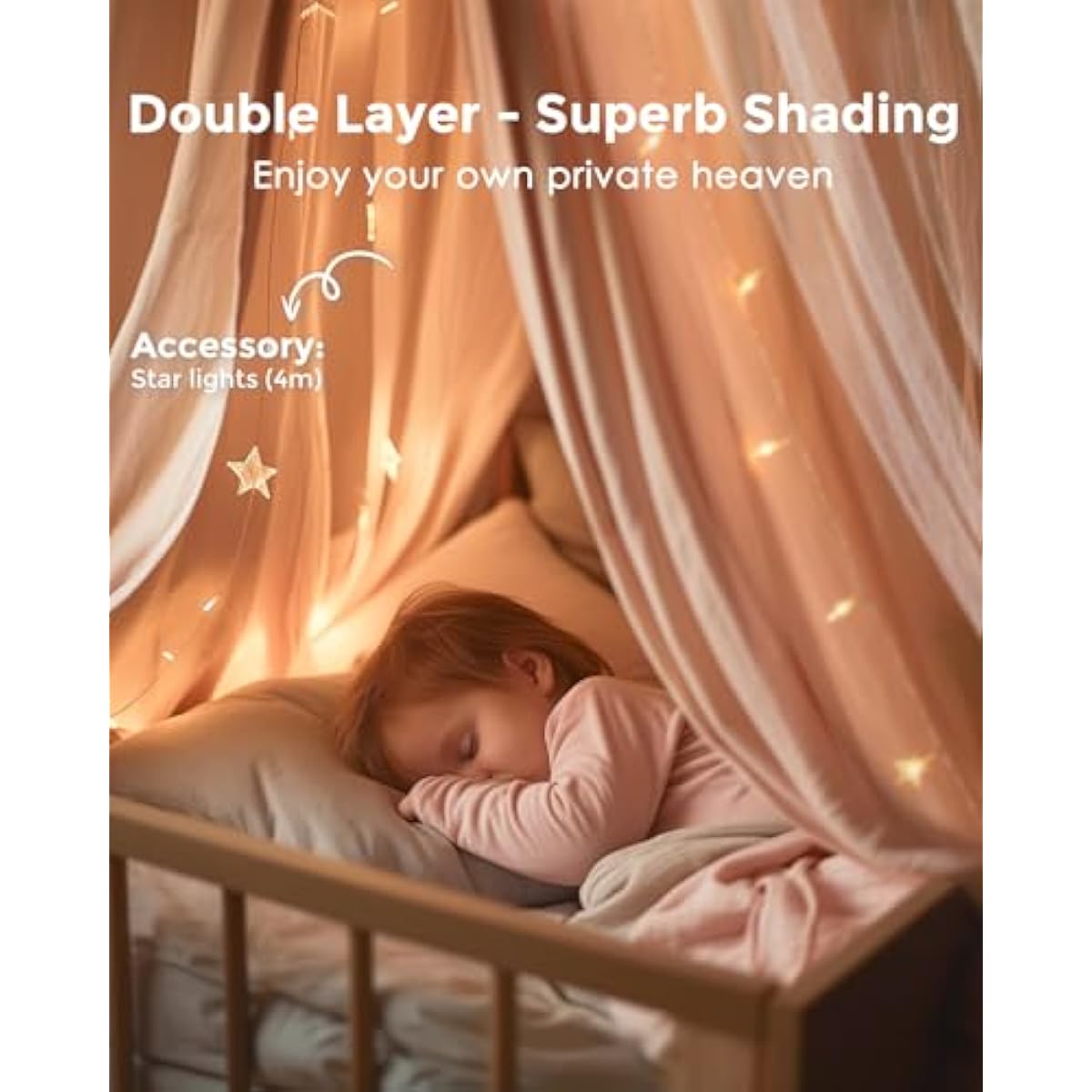 little dove Bed Canopy with Star Lights, Double Layer Canopy for Bed, Princess Play Tent for Girls Room, Breathable Bed Curtain for Children Reading Nook, Machine Washable, 25.6''x106'', Pink