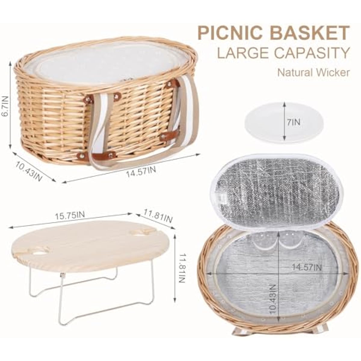 Picnic Basket Set for 2 - Wicker Insulated Picnic Basket with Waterproof Blanket, Folding Wine Picnic Table & Cutlery Kits, Picnic Baskets Kit for Camping, Outdoor, Valentine (White Flower)