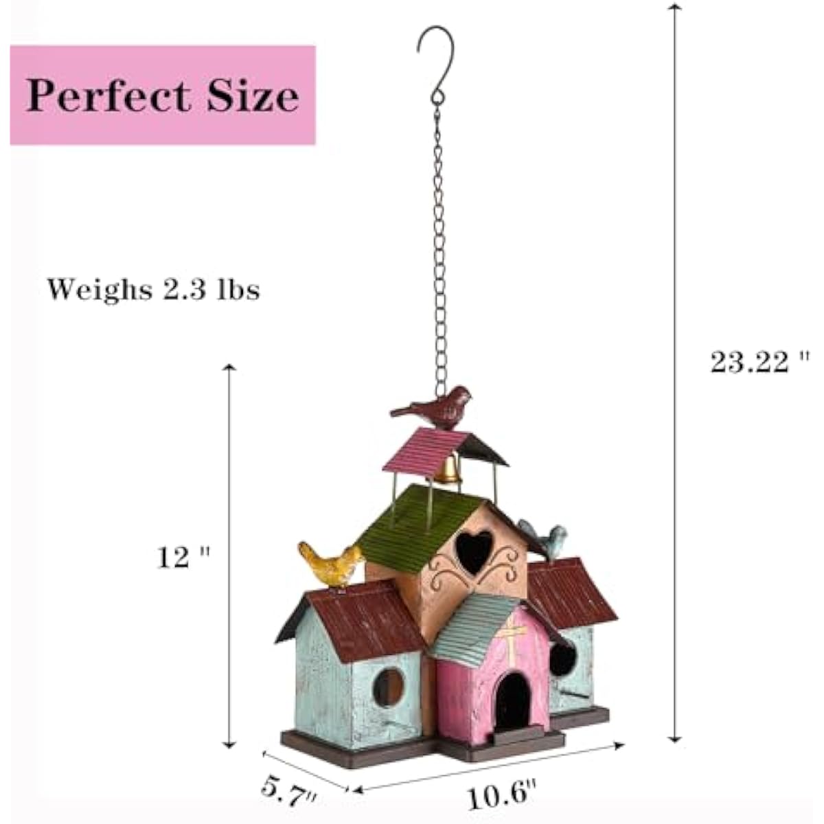 Large Bird Houses for Outside Hanging, 4 Hole Outdoor Bird House with Bell, Easy Clear, Colorful Metal Bird Houses for Outside.