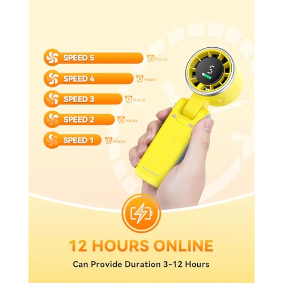 PlayHot Portable Handheld Turbo Fan, 5-Speed Personal Fans, 5000mAh Rechargeable Fans Up to 12 Hours, Weight only 0.6lb Small Fan, Hand/Neck/Desk Fan 3 IN 1, Beach Vacation Essentials(Yellow)