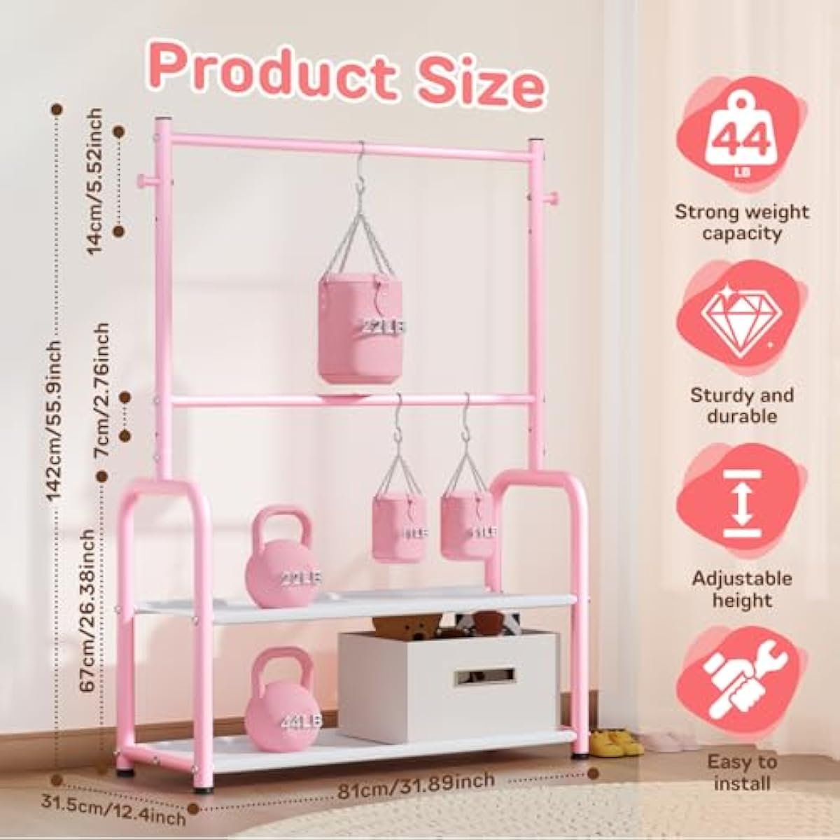 Kids Clothing Rack with 2-Layer Storage Shelf and 2 Adjustable Hanging Rods, Dress Up Rack for Hanging Clothes,Dress up Storage for Baby Toddle Kids(Classic, Pink)