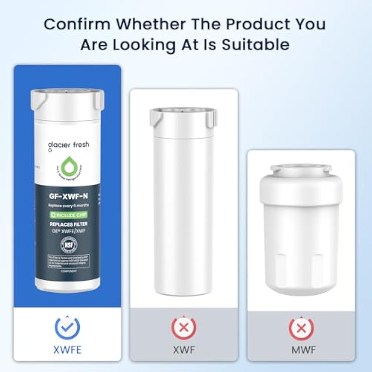GLACIER FRESH Water Filter Compatible with XWFE (Built-in CHIP), Replacement for GE XWFE, XWF Refrigerator Water Filter NSF/ANSI 42 Certification Pack of 1