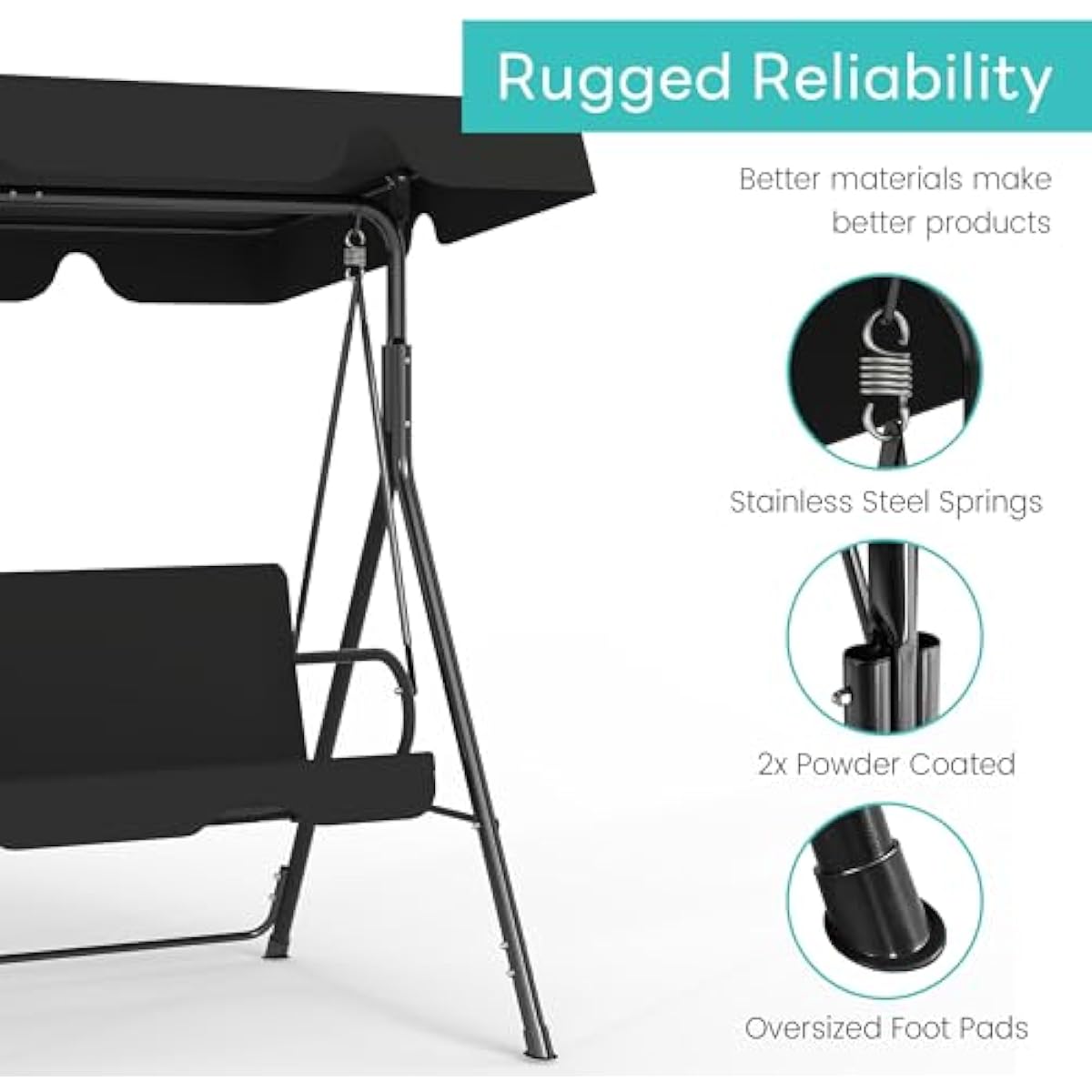 Murago Outdoor Patio Swing Chair with Adjustable Canopy, Outdoor Patio Glider Swing with Heavy Duty Stand for 3 Adult Persons, Ideal for Deck, Lawn, Backyard, or Porch, Black