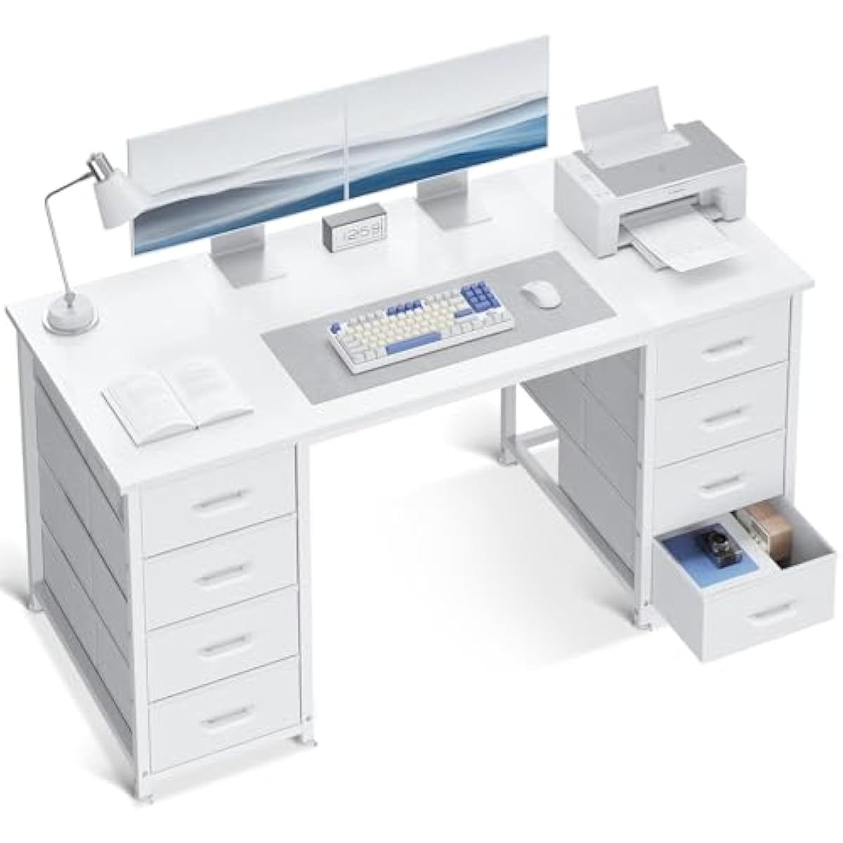 ODK 48 Inch White Computer Desk with 8 Fabric Drawers, Modern Office Desk with Large Storage for Home Office, Study, Gaming, White